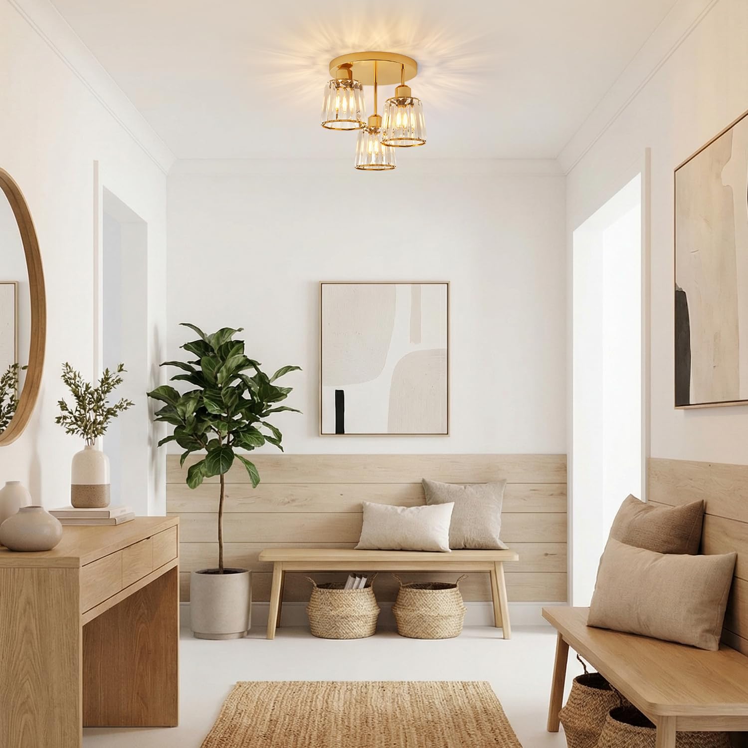 ANWIO Lampadario Soffitto Cristallo Oro, Plafoniere da Soffitto Moderno 3 Luci, Plafoniera Soggiorno E27, Lampadario in Cristallo con 3 Paralume in Vetro Per Camere da Letto (Senza Lampadine)