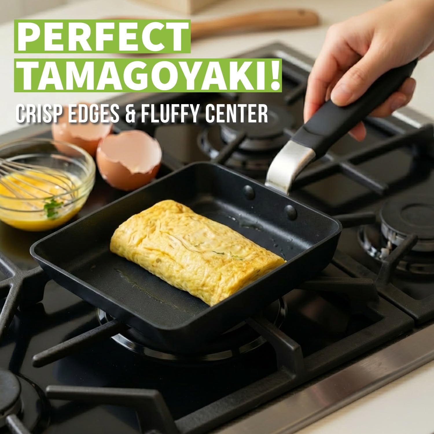 TECHEF - Padella giapponese Tamagoyaki per omelette e uova, senza PFOA, lavabile in lavastoviglie, pronta per induzione, prodotta in Corea (nero/medio)