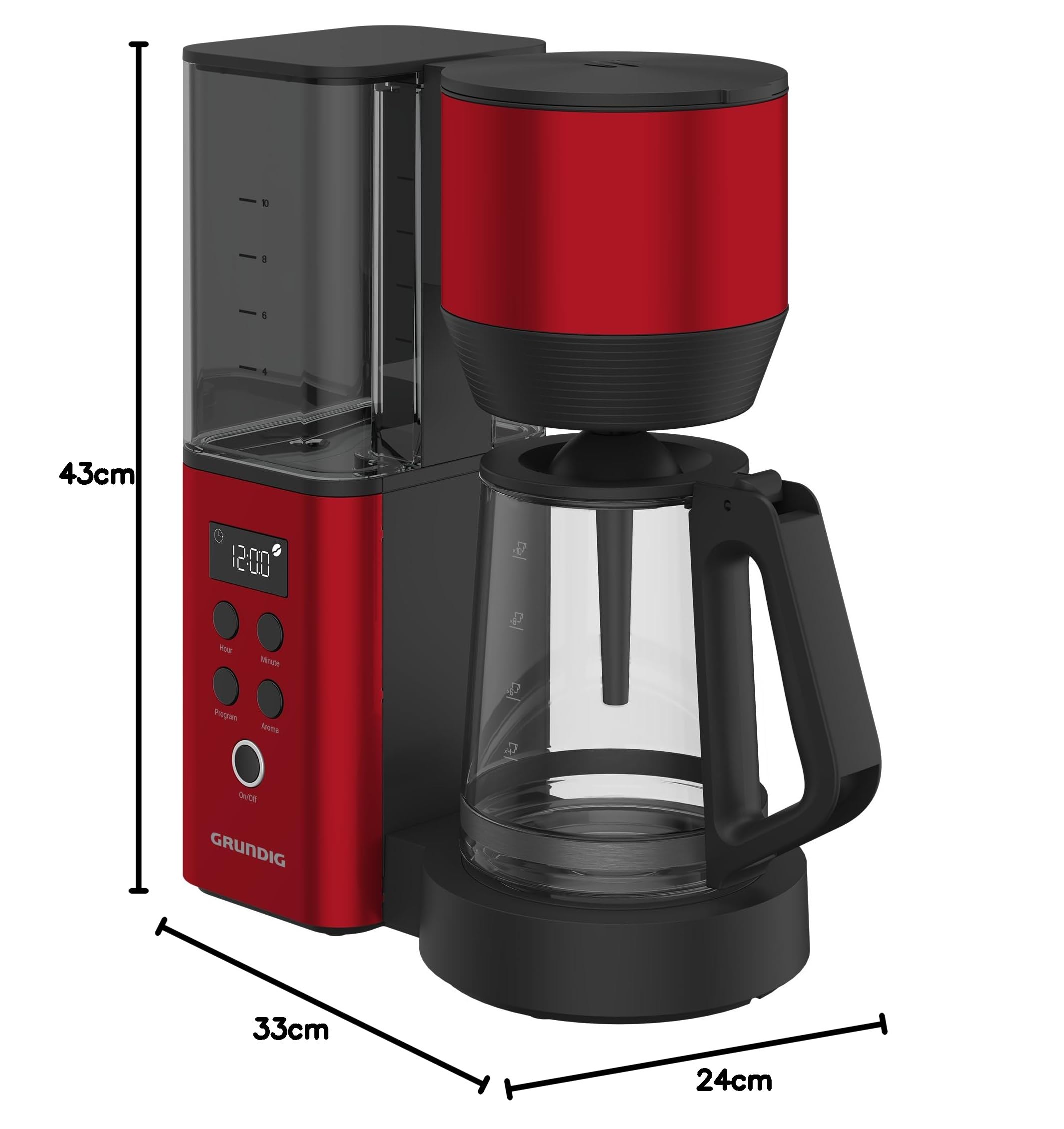 GRUNDIG - KM 8440 Filter-Kaffeemaschine - 1,25 Liter Kapazität für 12 Tassen - 1000 Watt Leistung Timer-Programm Warmhaltefunktion Tropfschutz-System - Robustes Design - Rot