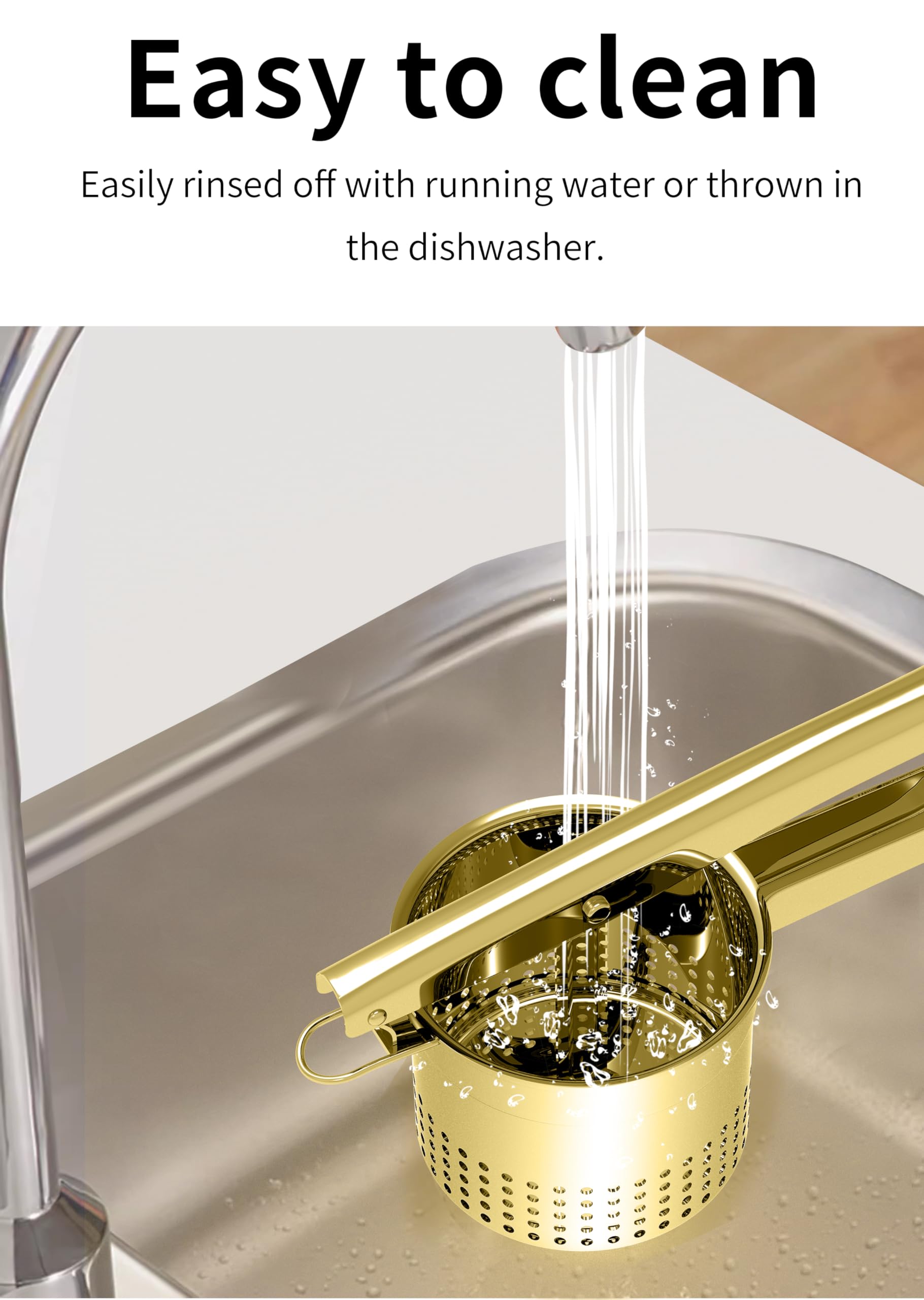 GloTika Großer 425 ml Kartoffelpresse Stampfer, robuster Edelstahl-Kartoffelstampfer mit ergonomischem Griff, Stampfer und Presse, Küchenwerkzeug für Kartoffelbrei, Nudelmacher, Gold