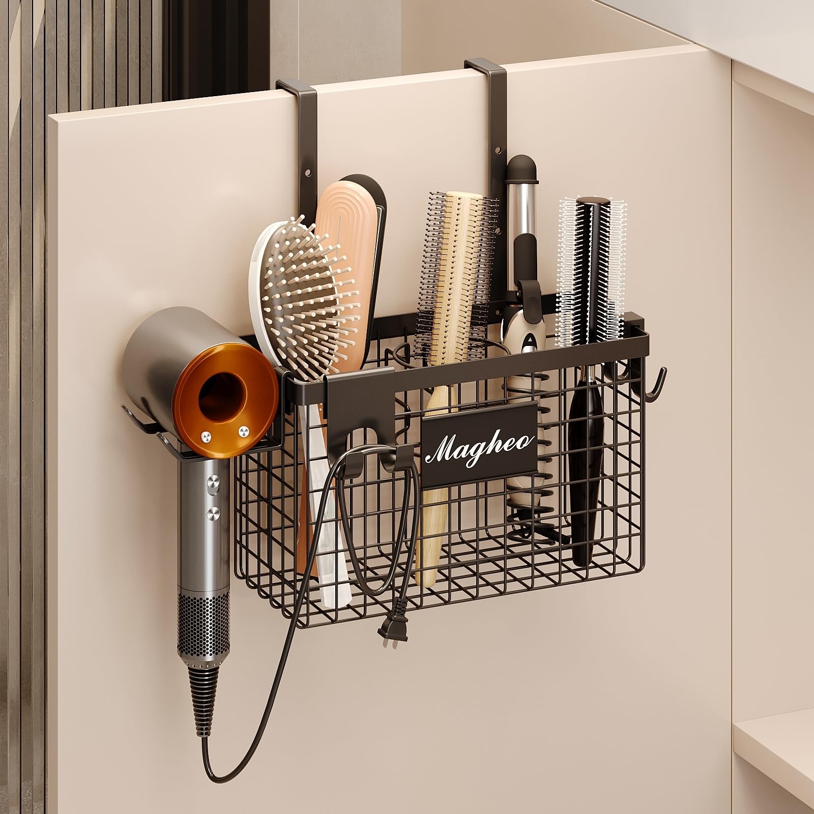 Magheo Hair Dryer Holder Cabinet Door 3-in-1 Adhesive Hair Tool Organizer Wall Mounted Adjustable Height Blow Dryer Holder Under Sink Bathroom Hair Appliance Organizer and Storage Countertop(Black)