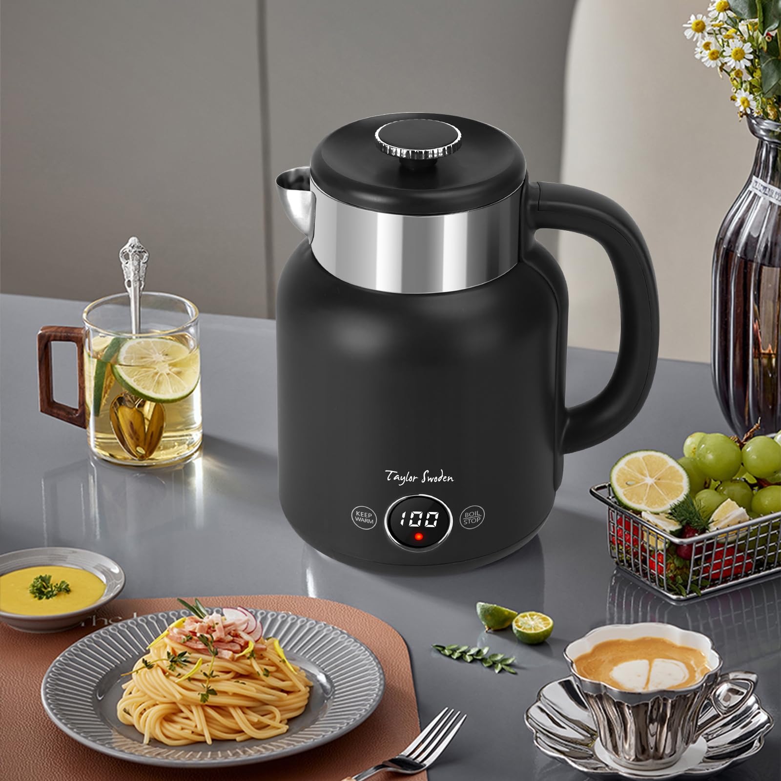 Taylor Swoden Hervidor de Agua Retro 1.7L de Acero Inoxidable Sin BPA Negro | Hervidor 2200W, silencioso, 5 niveles temp, función calor 1H, doble pared antiquemaduras, ideal para té y café (Asher)