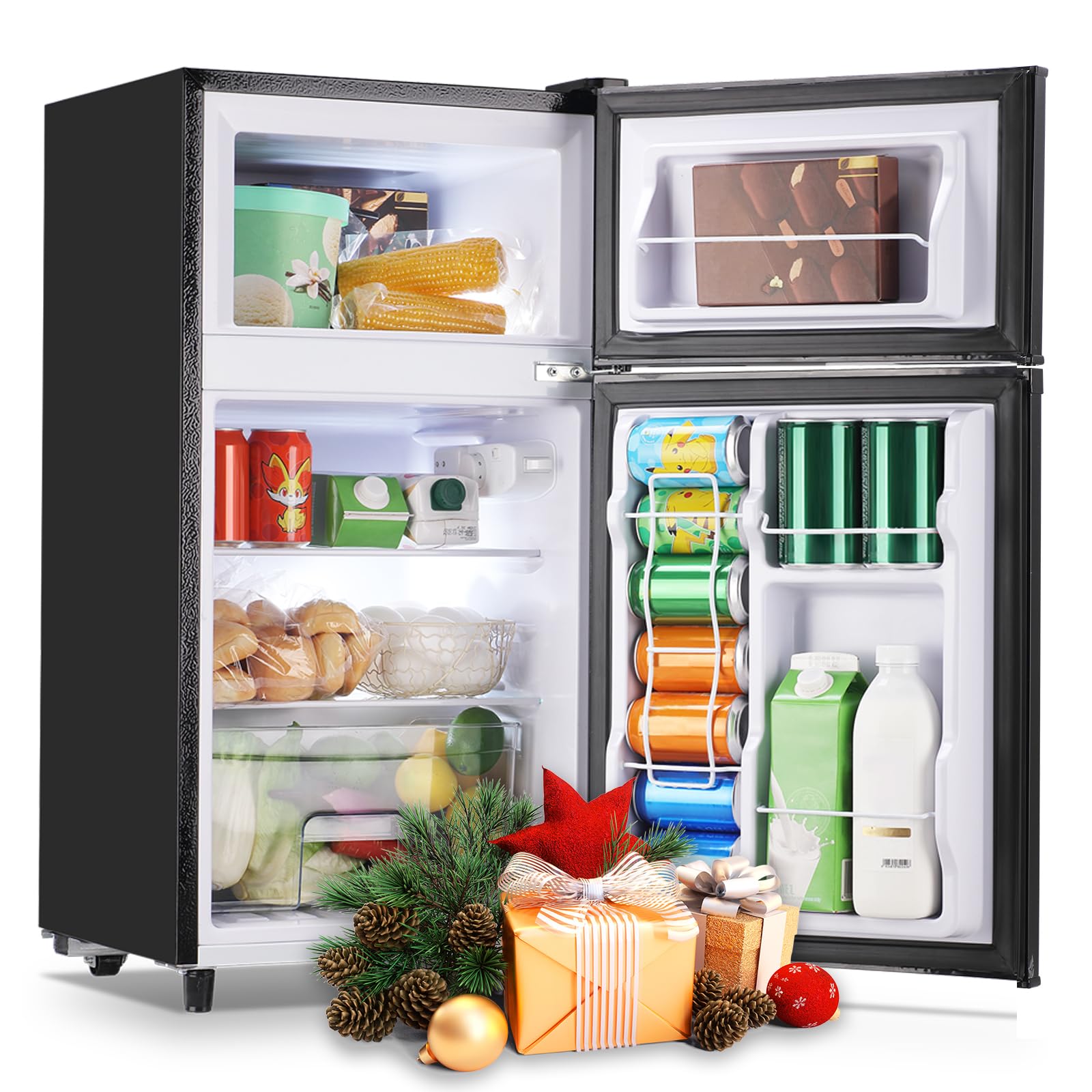 WANAI 3.5 CU.FT Mini Fridge with Freezer-on-top Compact Refrigerator with 7-Level Adjustable Thermostat 2 Doors Small Fridge for Kitchen, Dorm, Office, Home and Apartment, Black
