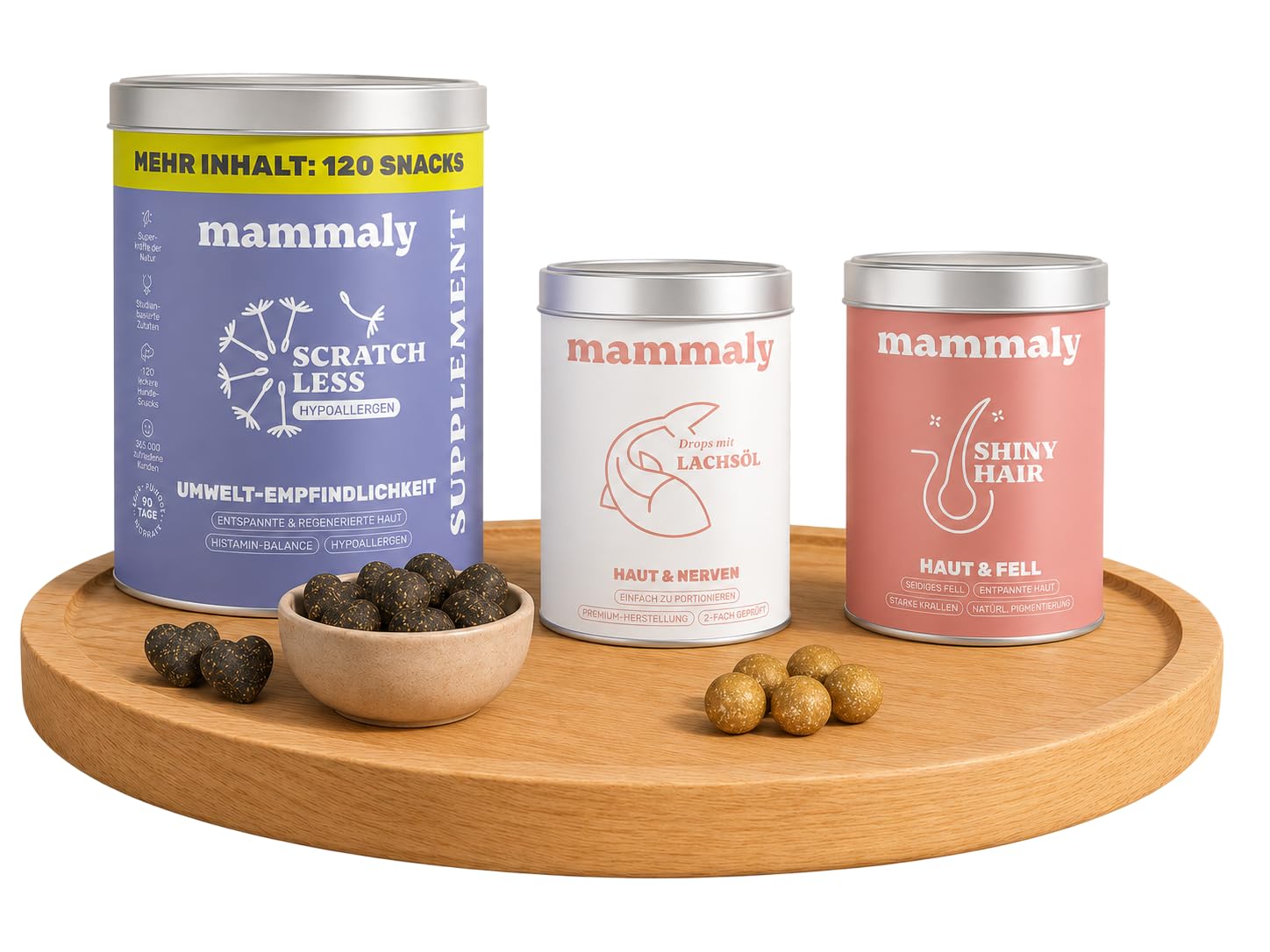 mammaly Anti-Juckreiz-Trio - Scratch Less Snacks 350g + Lachsöl Drops 170g + Shiny Hair Snacks 175g - Hanföl, Omega 3, Biotin, Allergie Hund, Hautbarriere
