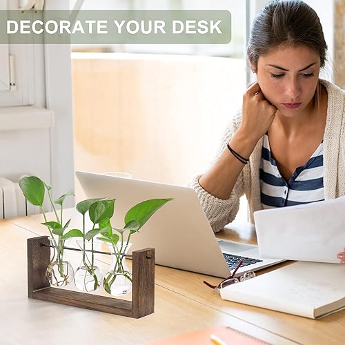 Miniatura 7 de YIBOT Estaciones de propagación de plantas, terrario con soporte de madera, para colgar en la pared, maceta de vidrio, jarrón de propagación de