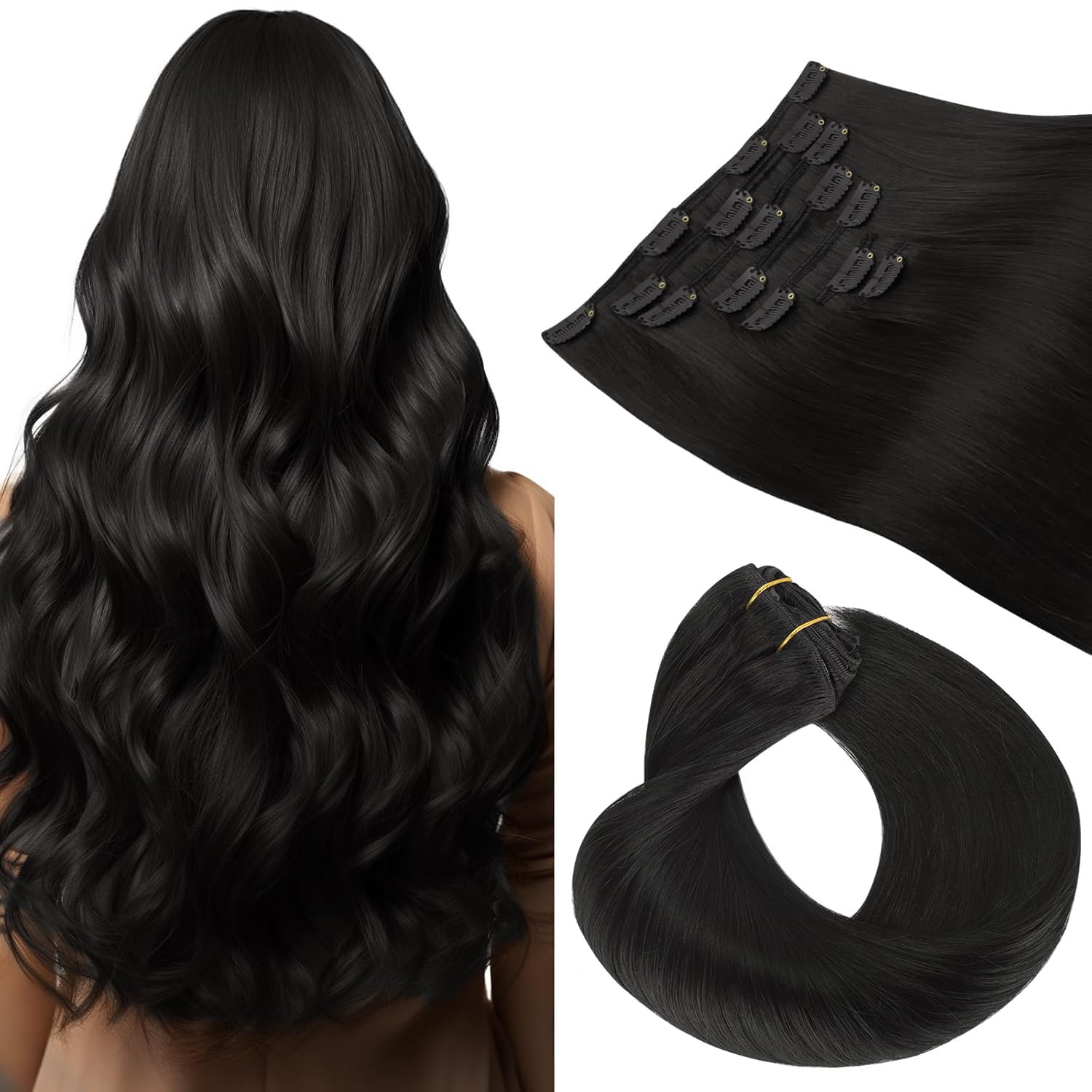 HOTBANANA Clip in Hair Extensions Real Human Hair 140g 9pcs 22 inch Natural Black Clip in Human Hair Extensions Straight Remy Hair Extensions Full Head
