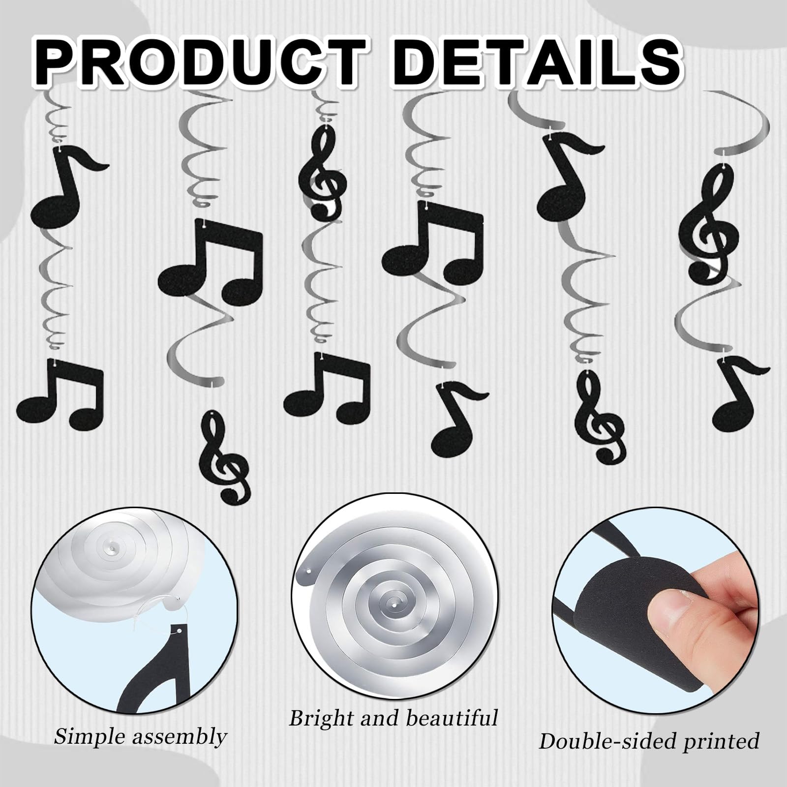 Decorazione Sospesa a Forma di Vortice di Note Musicali - Set di 12 Spirali Argento + 6 Bandierine per Torta, con Frammenti di Partiture Musicali, Lunghezza 90 cm