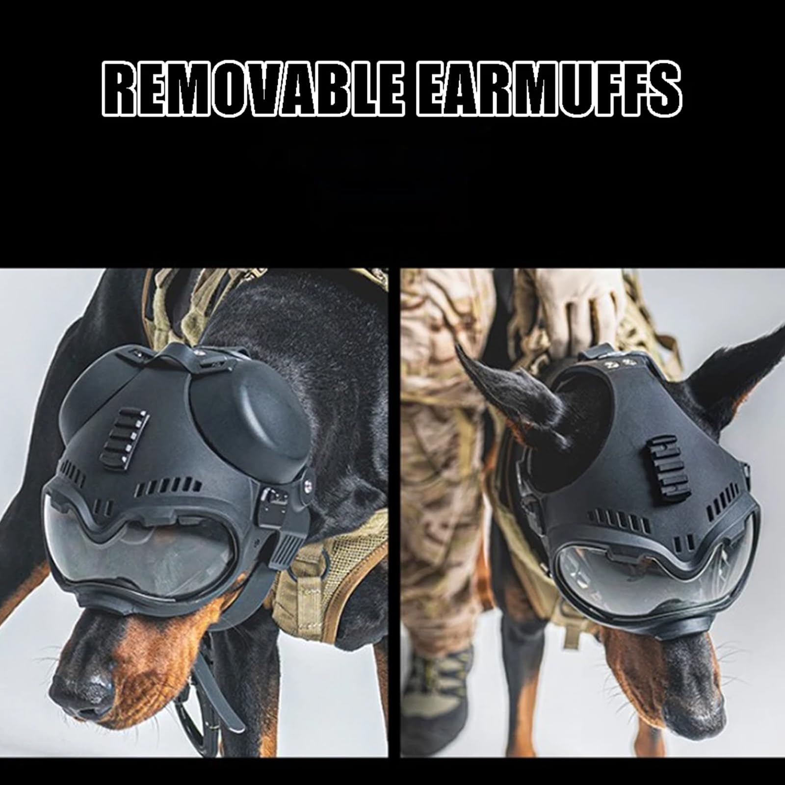 Casco tattico K9 per cani con occhiali per K9 e cani da lavoro militari con protezione per le orecchie rimovibile sulla parte superiore