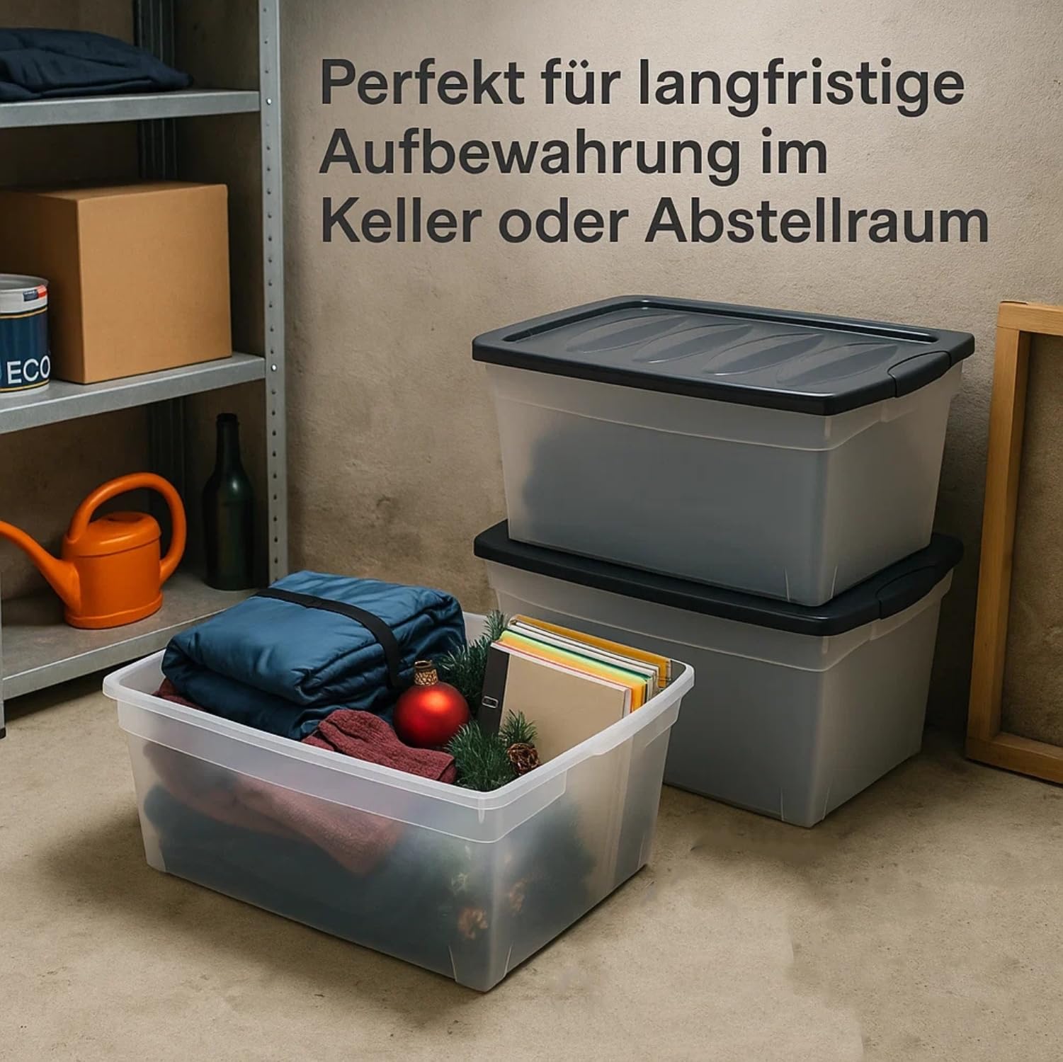 BigDean 3x 60 L Aufbewahrungsbox mit Deckel groß Budget Line Plastikbox mit Deckel