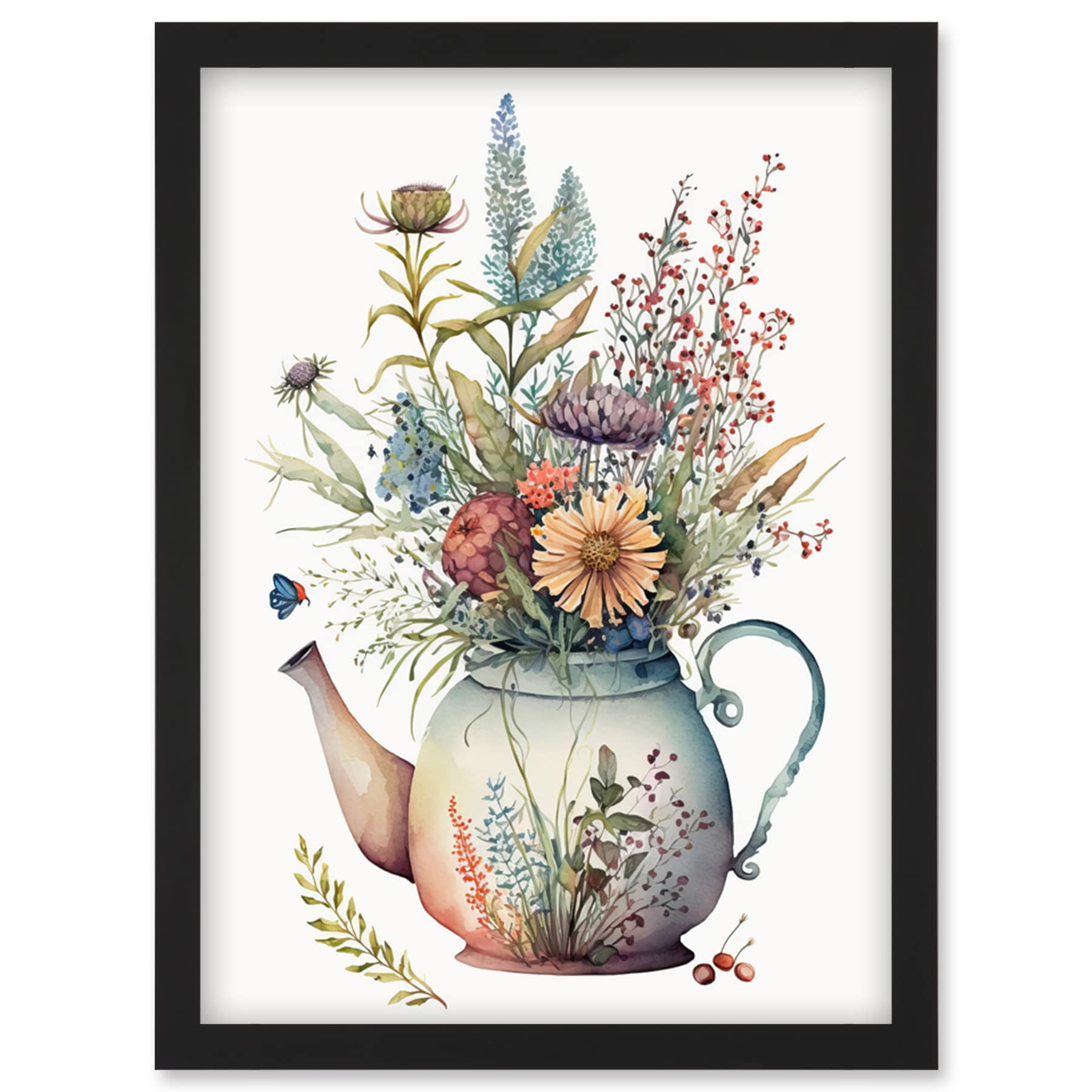 Artery8 Wildflower Floral Bouquet in China Pattern Teapot Artwork Framed Wall Art Print A4