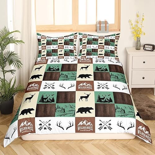Miniatura 8 de Funda de edredón retro de cabaña juego de ropa de cama rústica de retazos oso de caza ciervo vida silvestre para niños adolescentes y adultos juegos