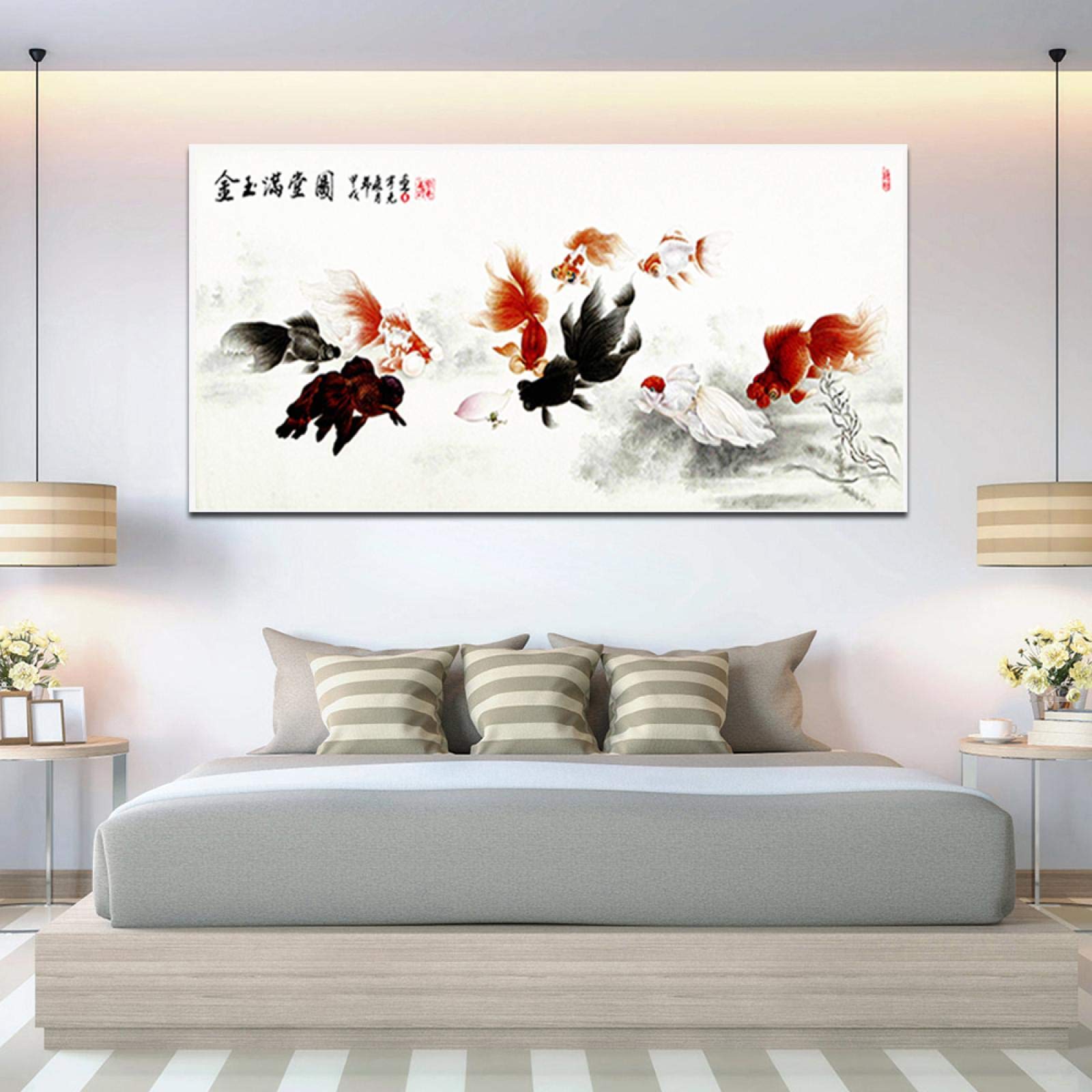 Tradycyjny chiński napis obraz dziewięć złota rybka sztuka ścienna plakat płótno dekoracja vintage do salonu mural 60 x 120 cm bez ramy