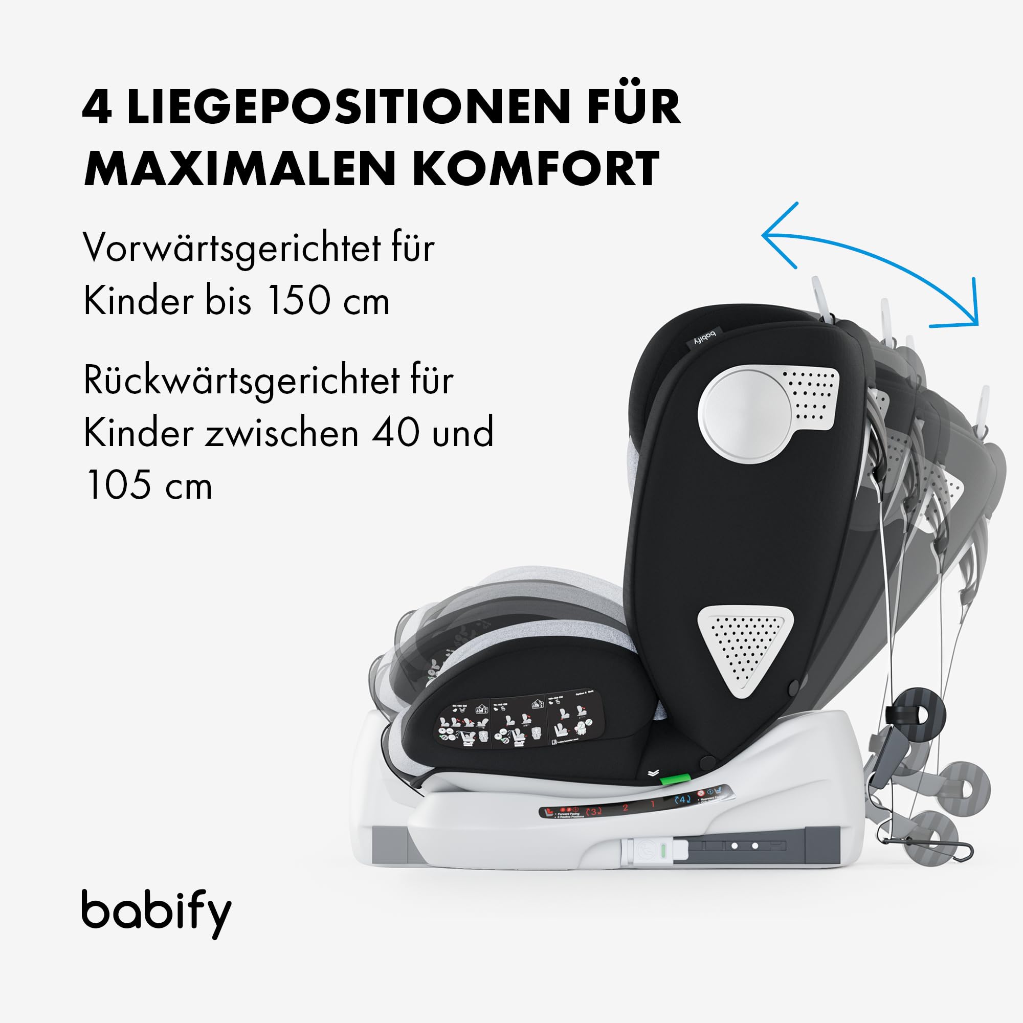 Babify Onboard, Autositz Isofix für Babys und Kinder, 0 Monate - 12 Jahre, 40-150cm, 360°drehbar, tragbarer und sicherer Sitz i-Size ECE R129 Grau