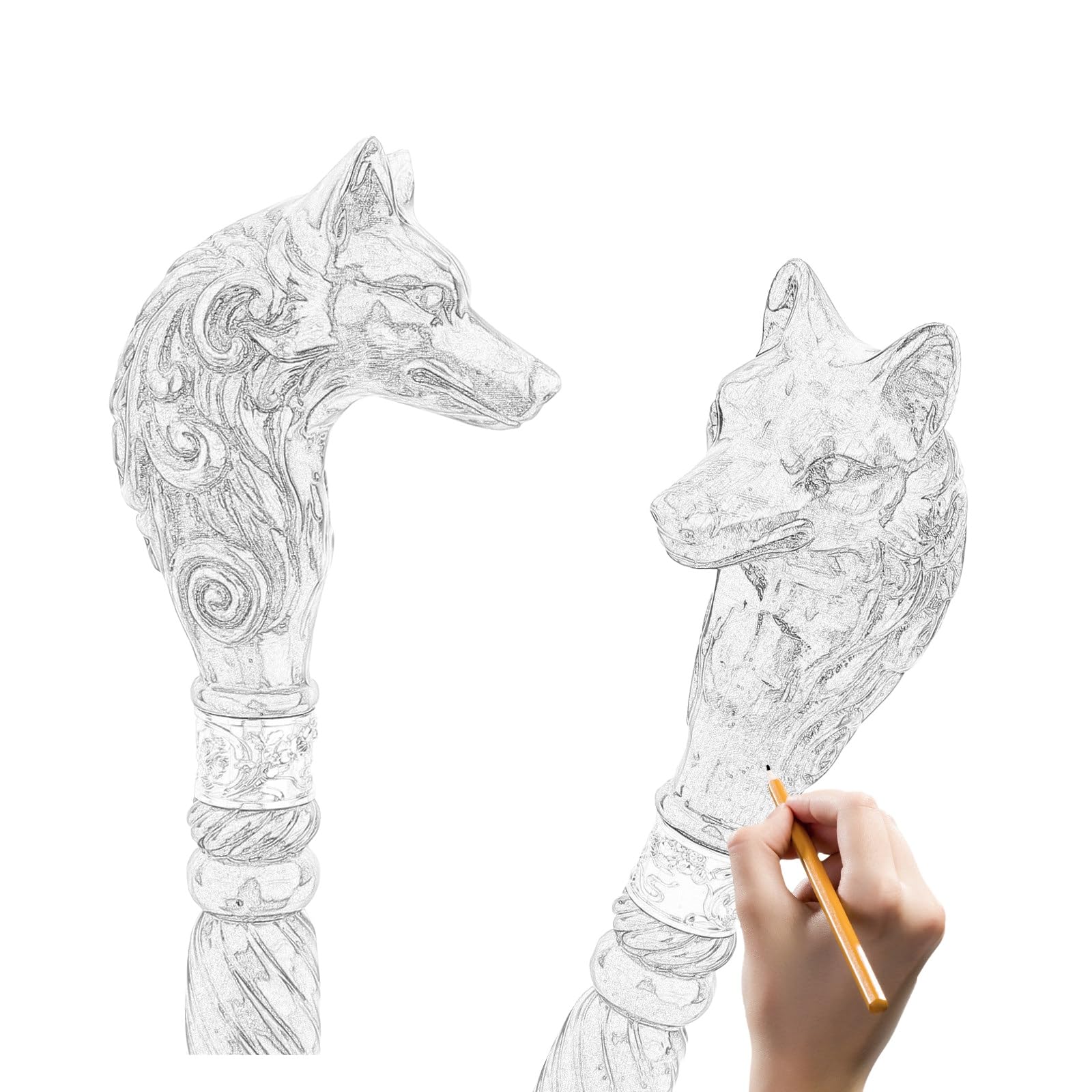 Handgeschnitzter Gehstock Aus Holz Mit Wolfskopf, Ergonomischem Griff und Gummispitze für Damen und Herren – Modischer, Einzigartiger Gehstock für Senioren – 95 cm