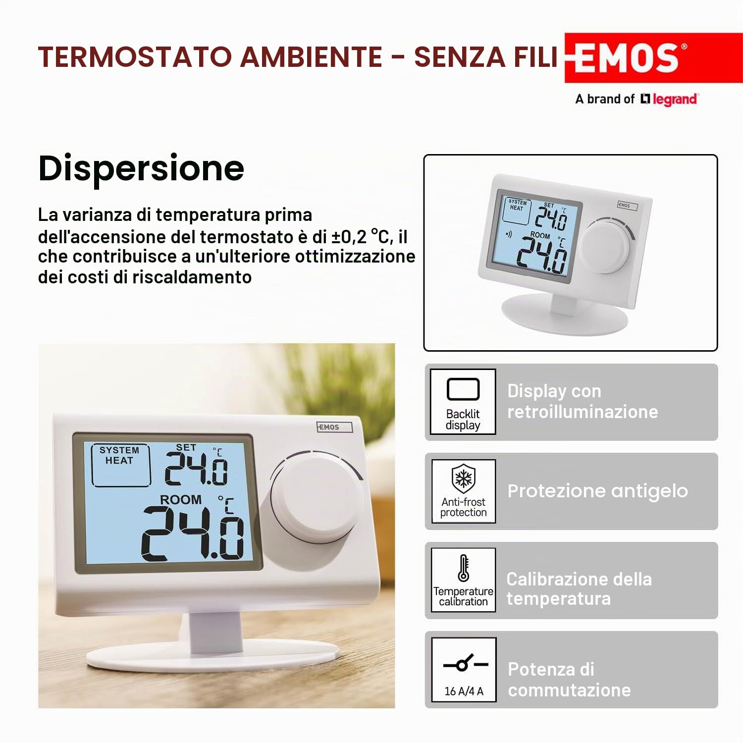 Termostato elettronico per interni senza fili per sistema di riscaldamento e raffreddamento