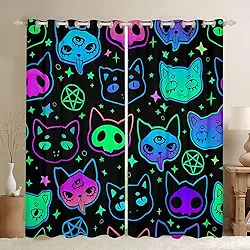Cortinas blackout com tema de Halloween, lindas cortinas de gato neon e cortinas para meninas, meninos, gradiente, gato, esqueleto, 104 x 96 L, galáxia psicodélica, estrelas, cortinas de janela