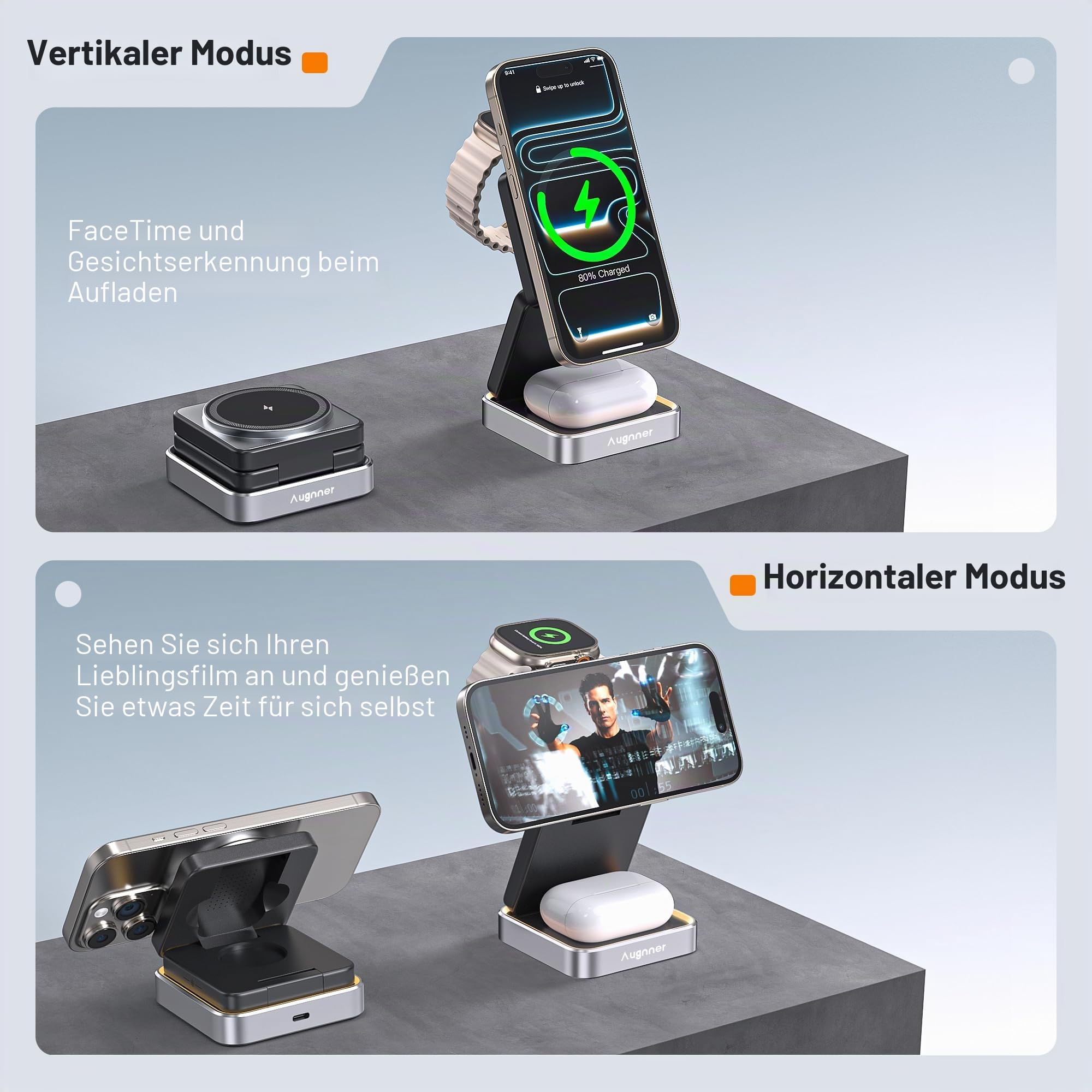 Augnner[Ultraschnell 25W] 3 in 1 Kabellose Ladestation für Apple, 25W Faltbar Induktive Ladestation für iPhone 17/16/15/14/13/12,Apple Watch&AirPods,Reisetauglich & Tragbar mit 45W Adapter