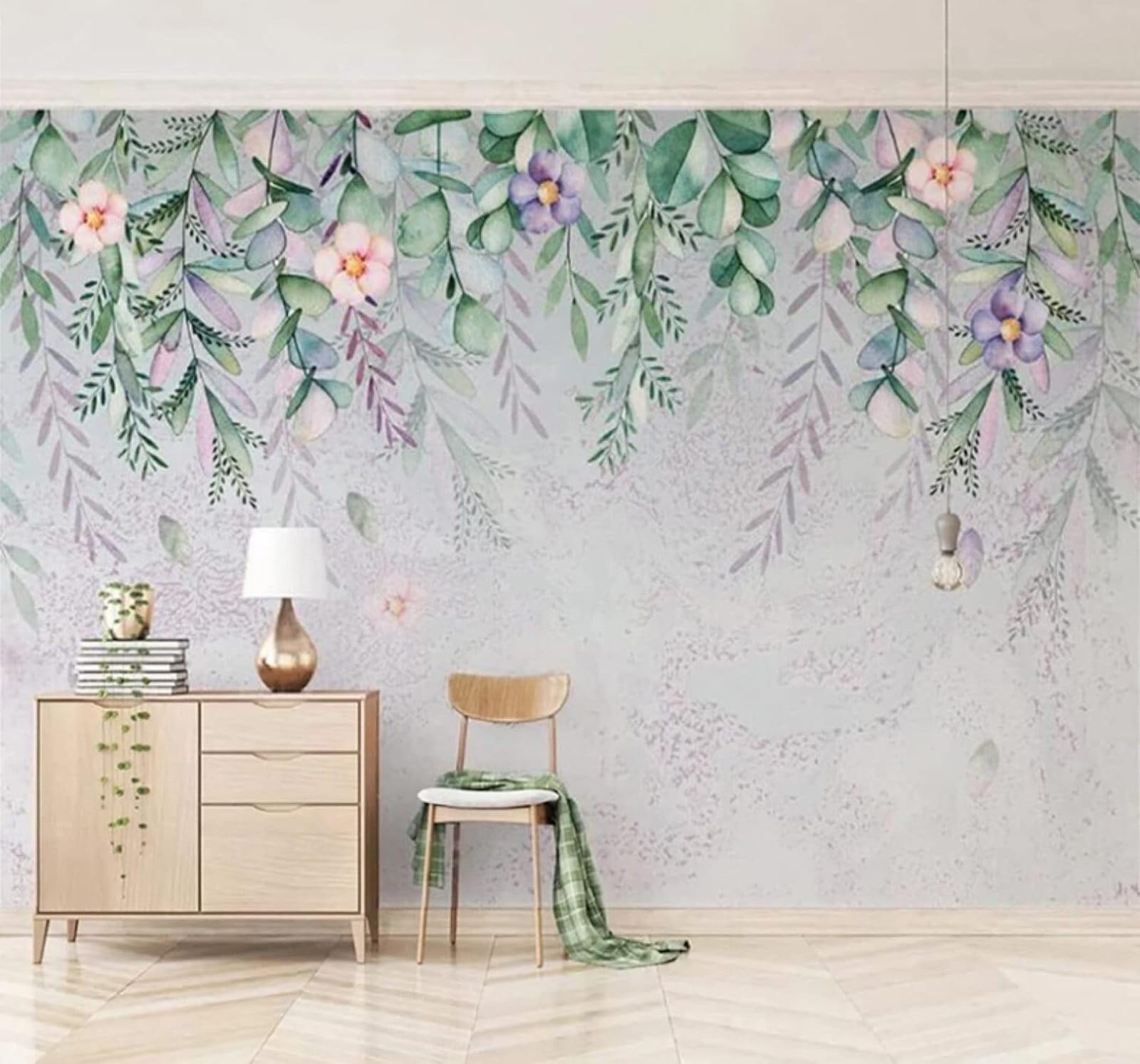 Xlming 400Cm×280Cm(B×H) Fresh Watercolour Green Leaves Flowers Vines 3D Wallpaper Luxury Silk Study Dining Feature Sofa Grey Bedroom Living Room Tv Decorative Wall-400Cm×280Cm