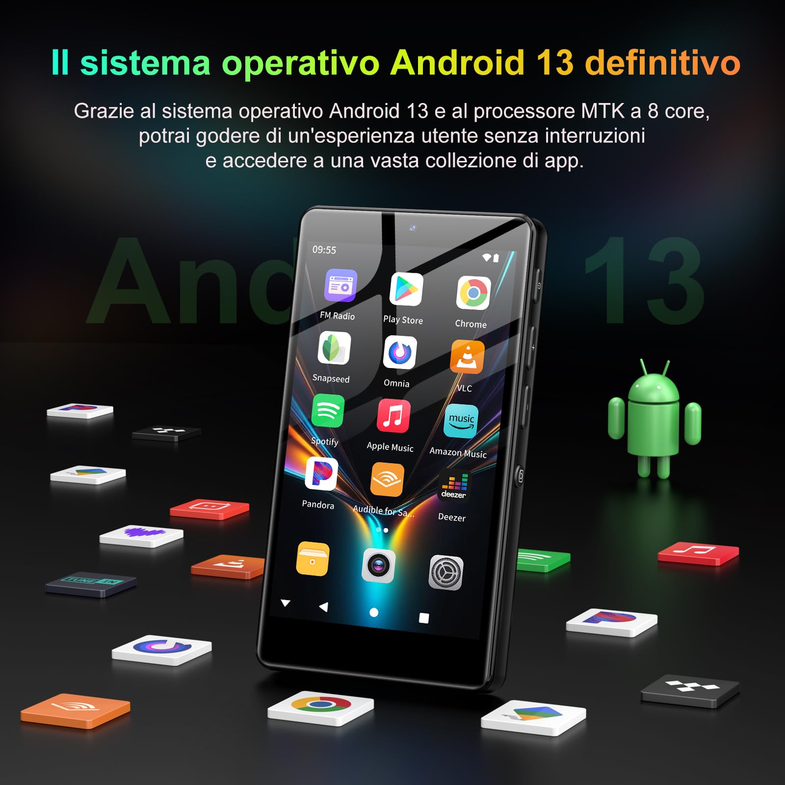 96GB Lettore MP3 con Bluetooth WiFi, lettore MP4 da 4,02 pollici con fotocamera e altoparlante, lettori musicali MP3 con sistema operativo Android 13, Spotify Kids, Play Store