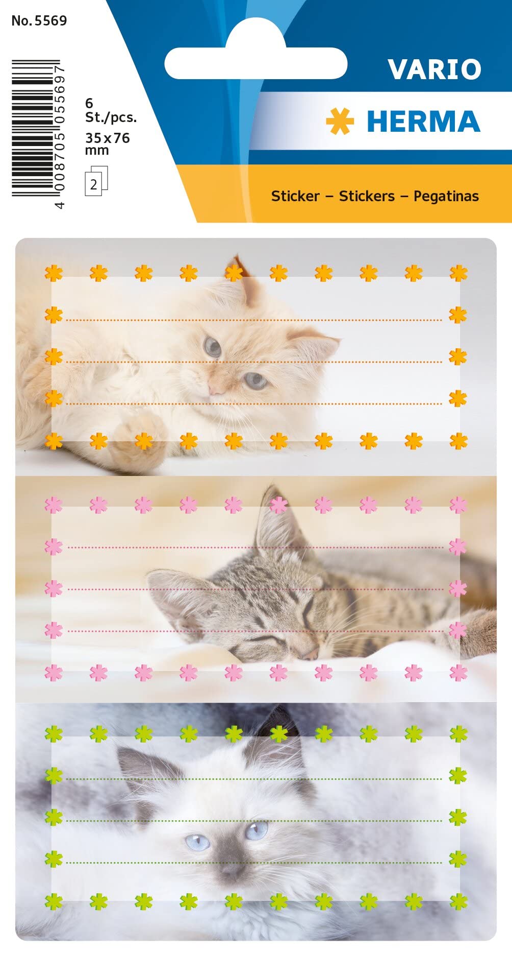 HERMA 5569 Etiquetas de libro para escribir gatos, 6 unidades, 76 x 35 mm, autoadhesivas, a rayas, pegatinas para libros escolares, niños, niñas, niños, pegatinas multicolores, multicolor