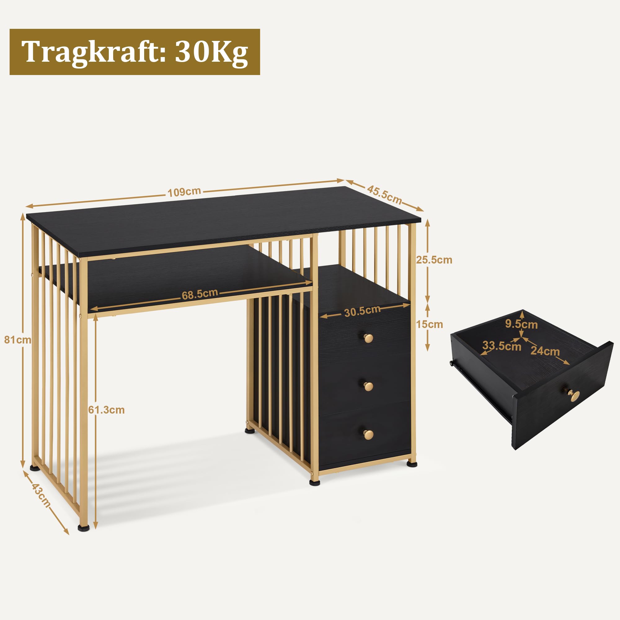 M MCombo Bureau avec tiroirs, Coiffeuse sans Miroir Noir et Or, Table à Ongles en Bois avec Structure métallique, Table d'ordinateur pour Le Salon Moderne, 45,5 x 109 x 81cm, 2407