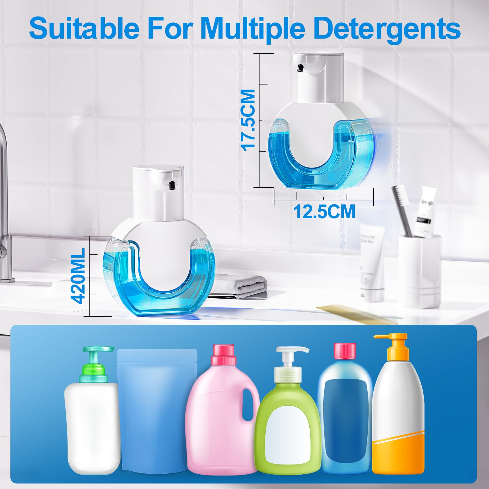 Dispenser Sapone Automatico Da Parete 420ml | Erogatore Schiuma USB, 4 Livelli | Ideale Per Bagno E Cucina - Foto 8