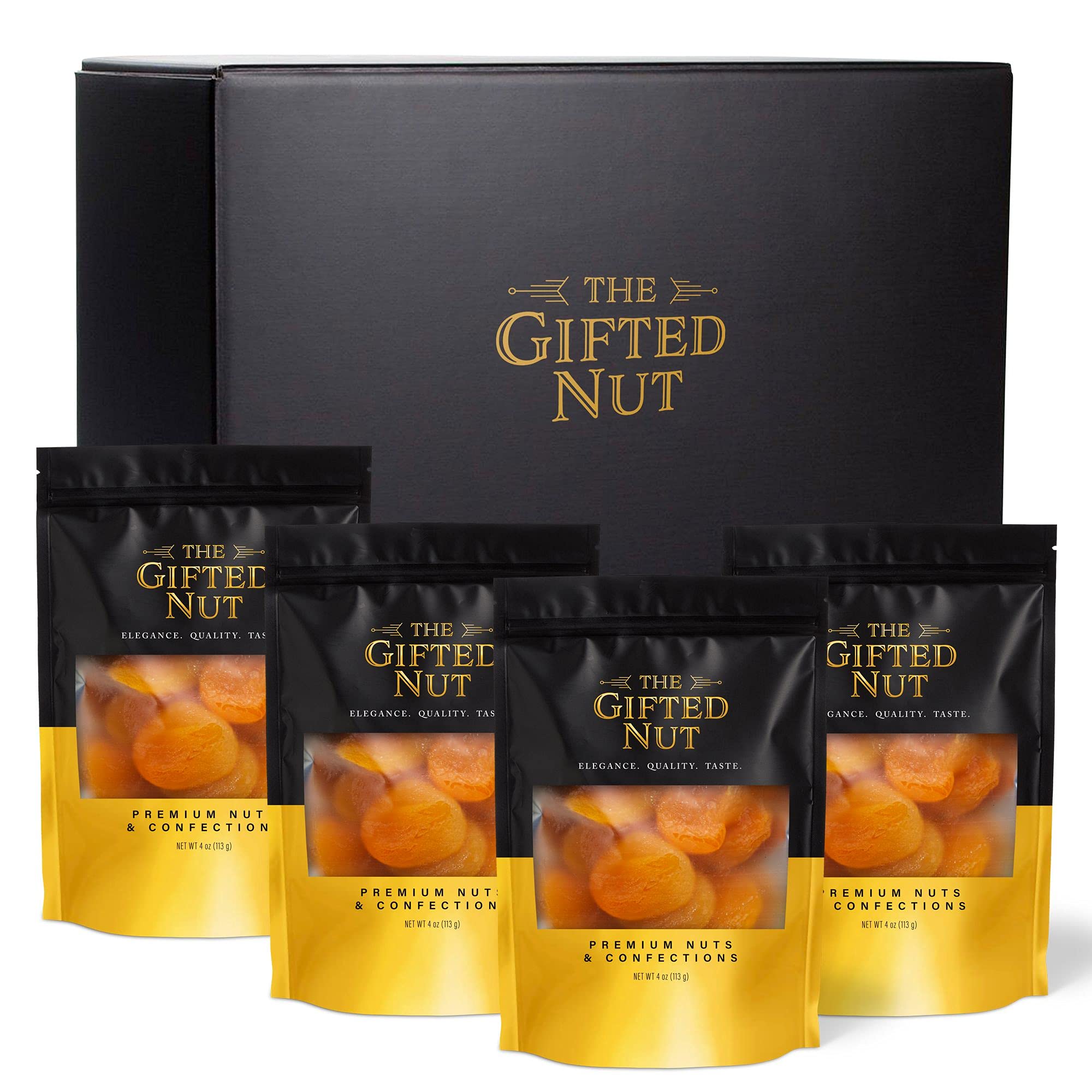 Gifted Nut Turkish Dried Apricots, 4 Pack - 4 oz Resealable Bags - Fresh Gourmet Dried Fruit Gift Box and Healthy Snack Bags - Elegant Design for Corporate Gifts, Holiday Gift Baskets, Care Packages