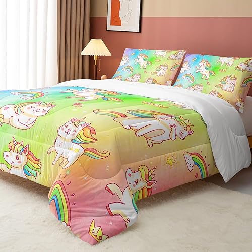 Miniatura 5 de Juego de edredón de unicornio para niños y niñas, juego de ropa de cama Kawaii Kawaii con estampado de unicornio arcoíris con 2 fundas de almohada