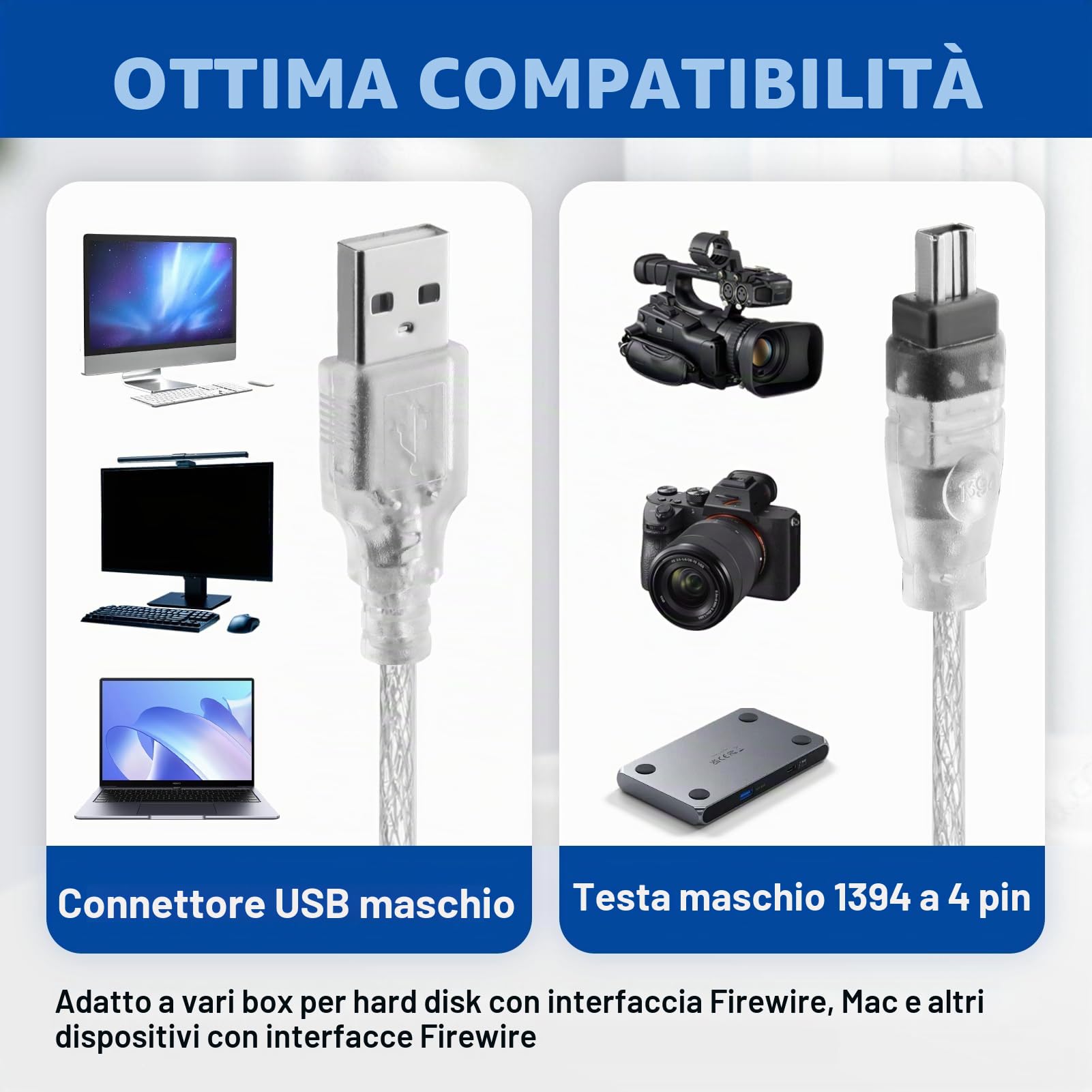 Cavo da Firewire IEEE 1394 a USB, Cavo Adattatore Firewire IEEE 1394 a USB per Sony DCR-TRV75E DV, Compatibile con iLink, Cable Firewire Mini dv Usb, Cavo USB a 1394 4 pin iLink 1.5 m