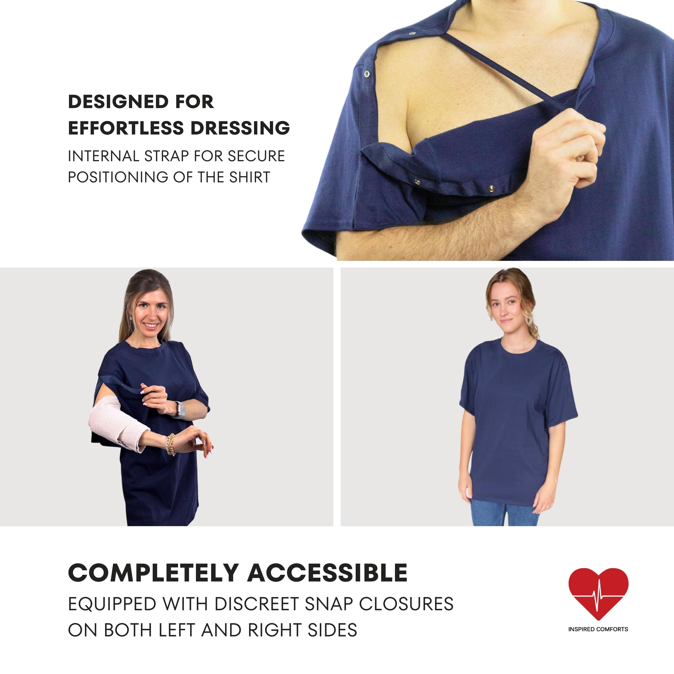 Inspired Comforts Unisex Post Surgery & Rehab Dual Access Crew Neck Snap Shirt