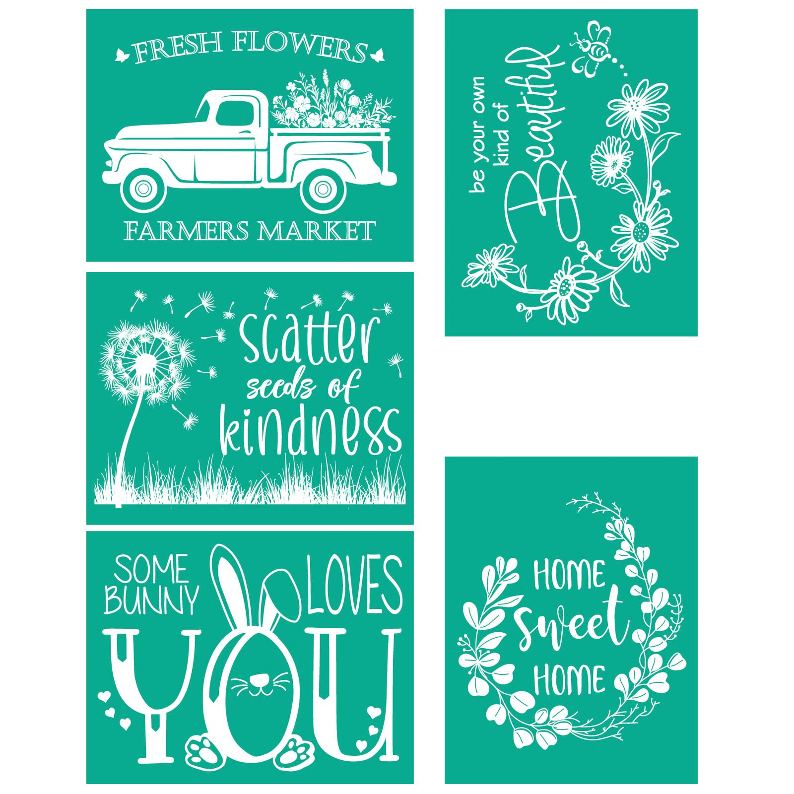 5-Piece Spring Floral Silk Screen Stencils Set, Fresh Flowers &amp; Home Sweet Home Reusable Self-Adhesive Mesh Stencils for Wood Signs, Canvas, Fabric &amp; Wall Art