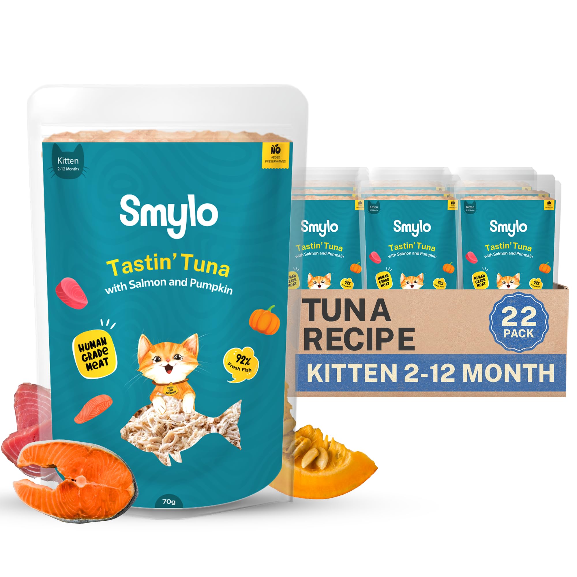 Smylo Natural Healthy Kitten Wet Food (2-12 Months) 70g x 22 Packs | Tuna, Salmon & Pumpkin | for Healthy Skin & Coat, Supports Digestion | No Preservatives & Grain Free | Vet-Formulated-image-37
