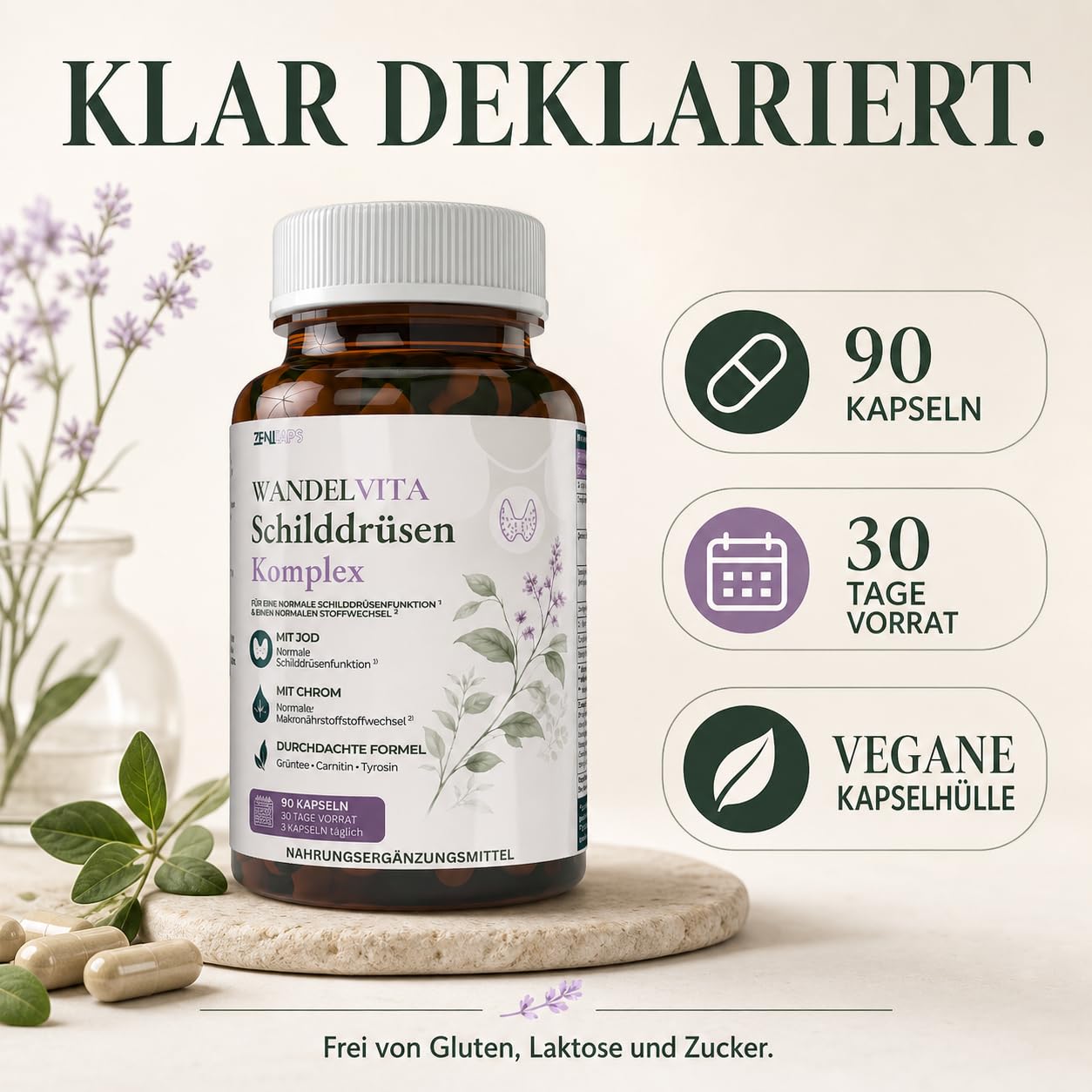 WANDELVITA Schilddrüsenkomplex – 90 vegane Kapseln – mit Jod & Chrom für normale Schilddrüsenfunktion und normalen Makronährstoffstoffwechsel – L-Carnitin, Grüntee, Grünkaffee, Tyrosin