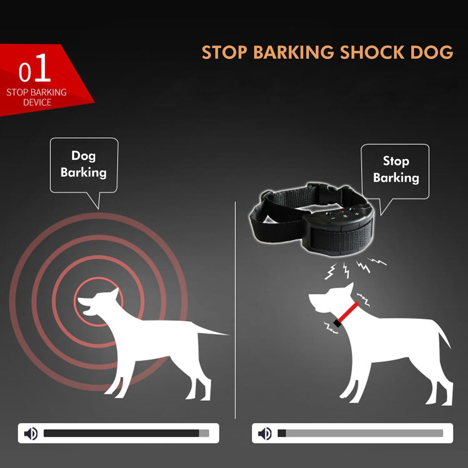 Bark Collar [2018 Smart Chip] Dog Shock Anti-Barking Collar with Beep, Vibration and Harmless Shock. No Bark Control for Small/Medium/Large Dogs with 7 Sensitivity Levels, Rechargeable and Rainproof