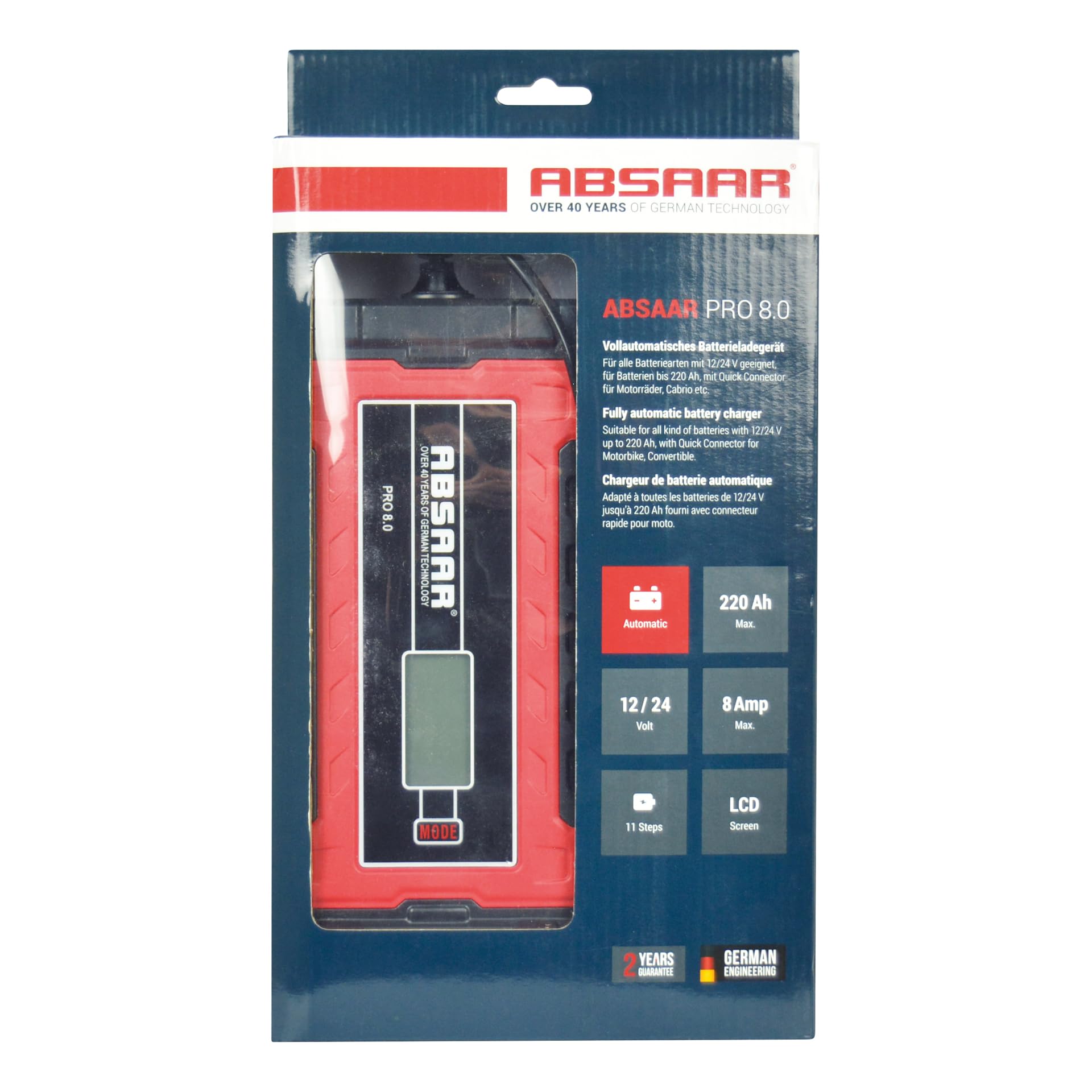 Absaar Auto Chargeur de batterie pour Voiture Camions Moto Capacité de batterie Jusqu'à 220AhAh AB-PRO8.0