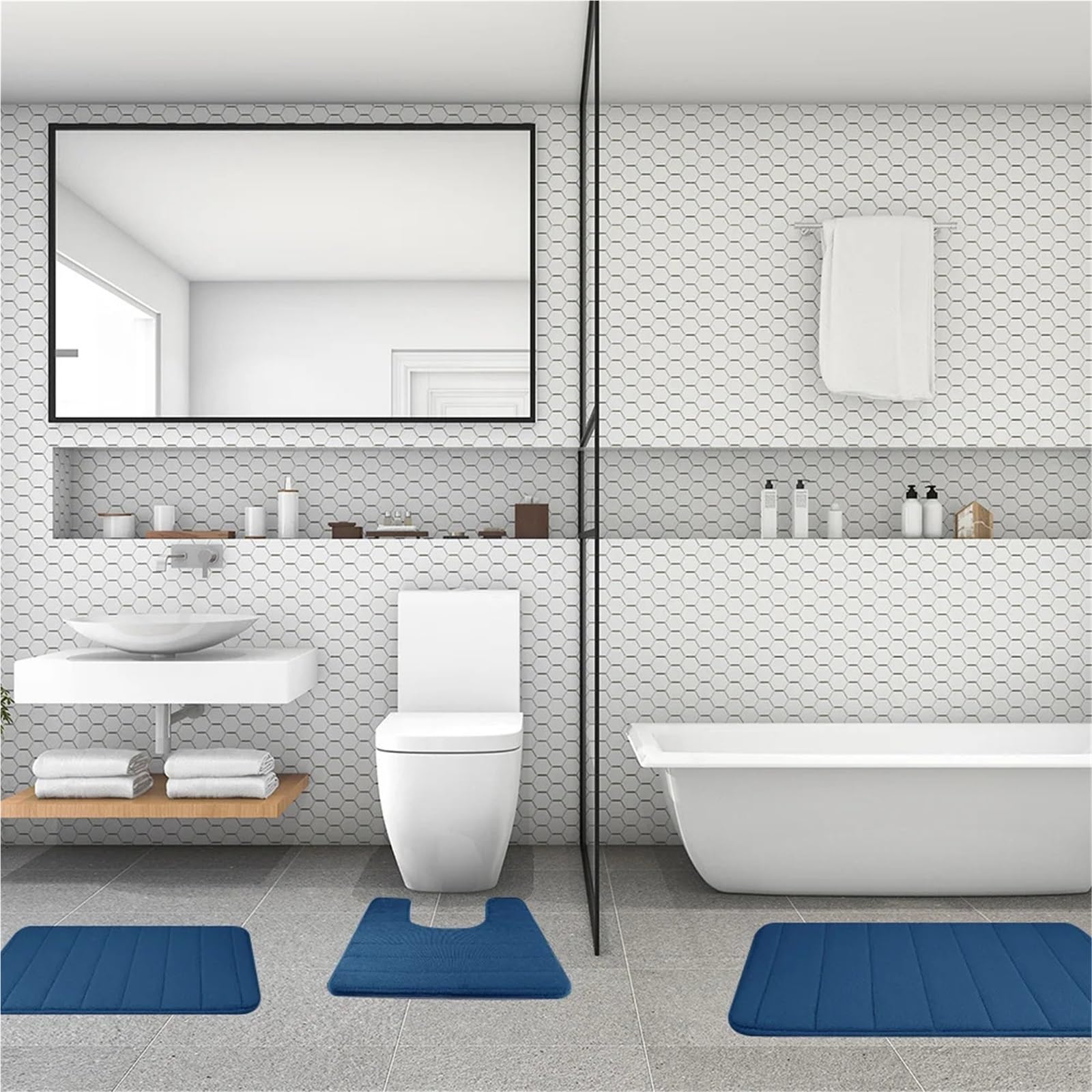 Memory Foam Badteppich 3er Set, rutschfest Rechteckig & U-Form Weich & Saugfähig WC Vorleger Dunkelblau Badzubehör