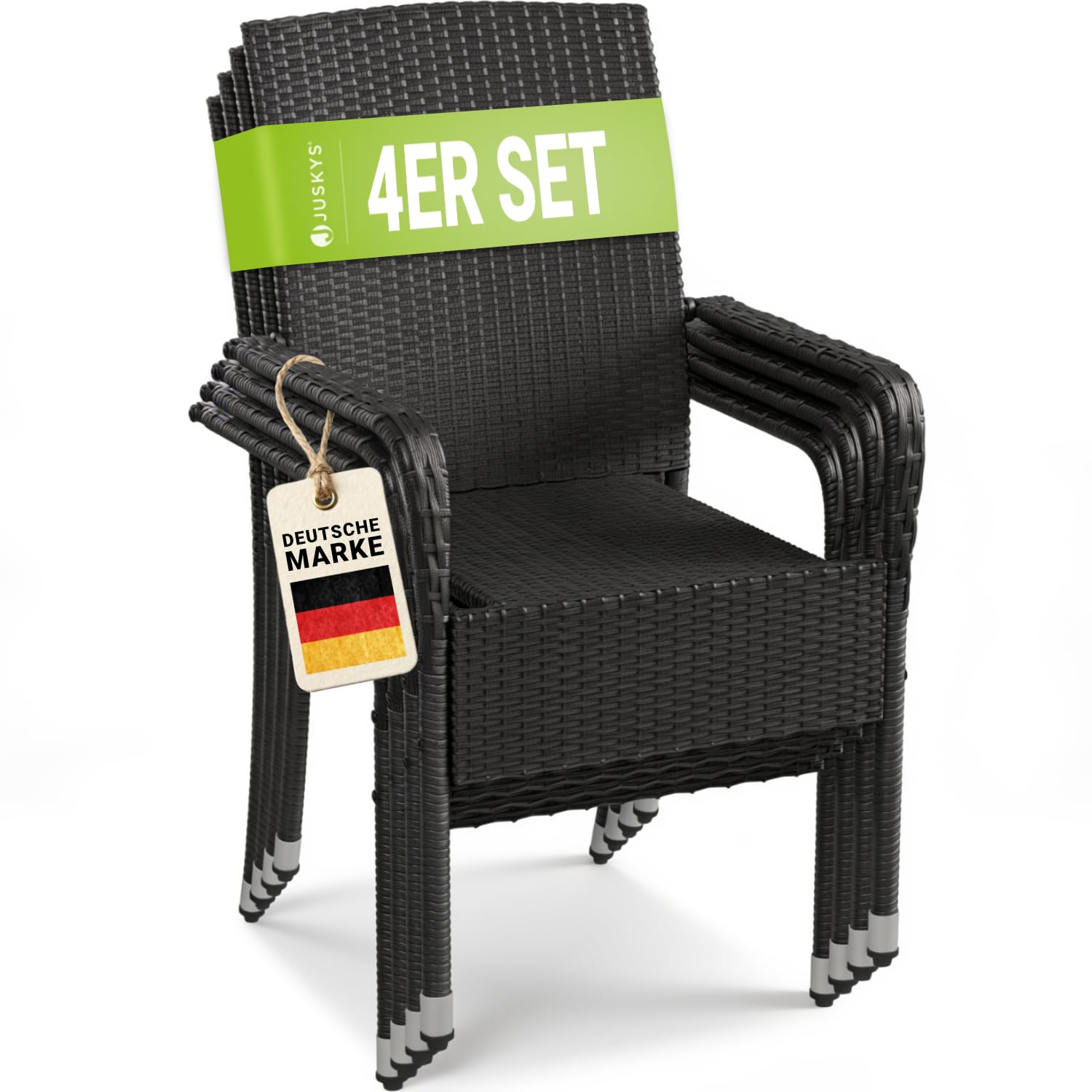 Juskys Polyrattan Gartenstühle Yoro 4er Set mit Armlehnen & Rückenlehne - 4 Stühle stapelbar - Rattan Stuhl Garten - Stapelstuhl Schwarz