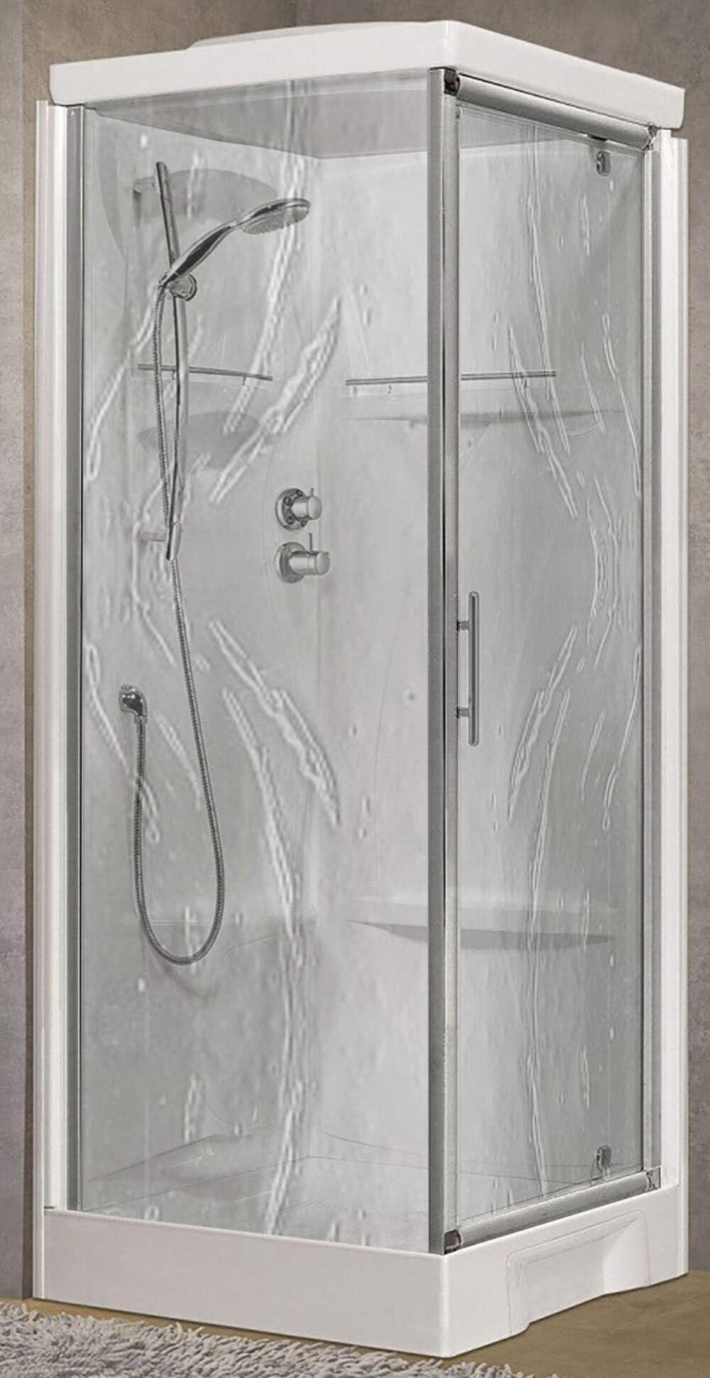 Novellini New Holiday GF90 Standard con techo de 90 x 90 cm, cabina de ducha equipada con 1 puerta batiente + fijo ángulo derecho izquierdo mezclador mecánico cristal Aqua perfil plata altura 217,5 cm