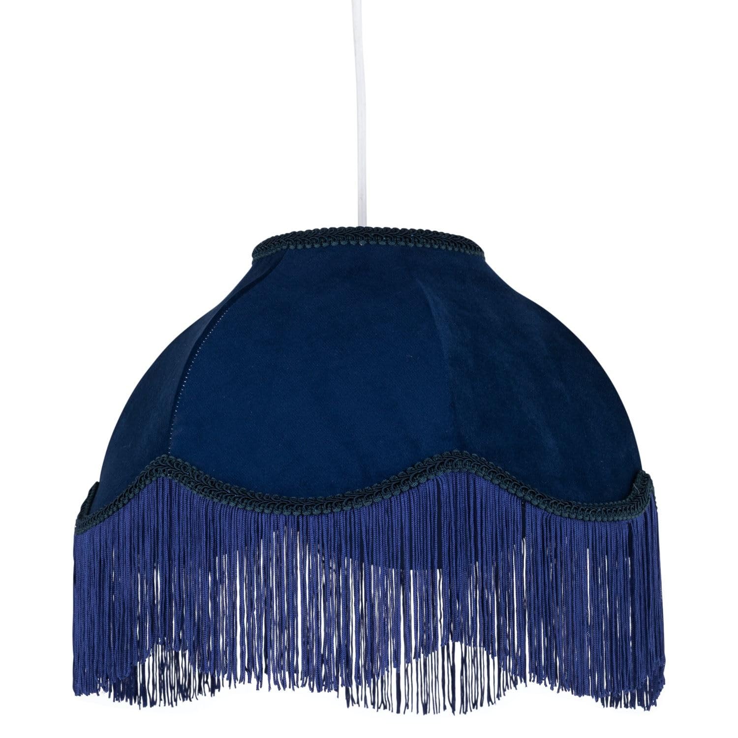 Firstchoicelighting Blue Navy Velvet Fringed Ceiling Pendant Lightshade Or Table Lampshade, Easy Fit Shade, Vintage Design, 35Cm Diameter