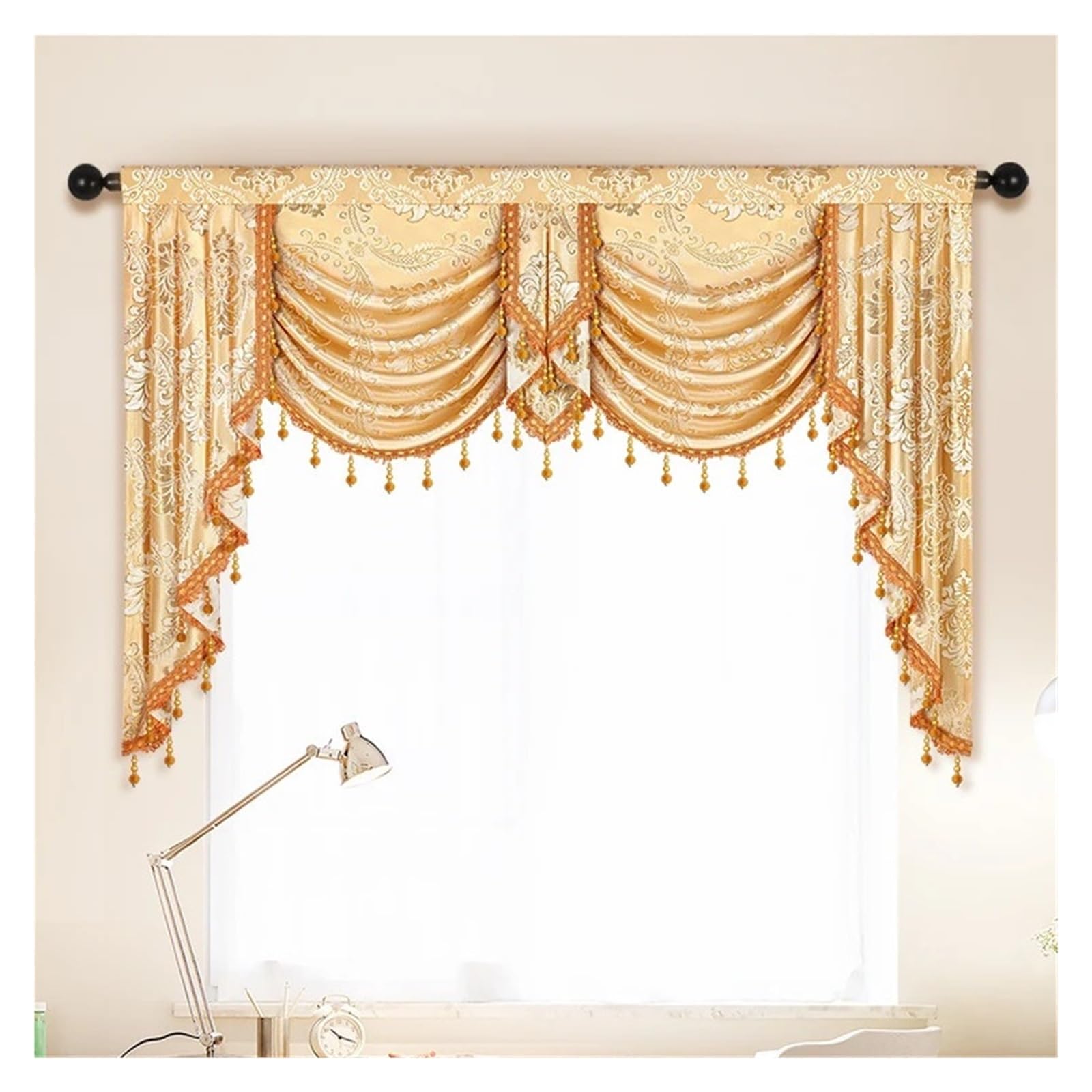 ZHOUXYFDC Swag Valance For Windows 1pc Jacquard Fabric Waterfall Curtain Valance,Rod Pocket,Gold 2 Swag For The Home Decoration(Gold)