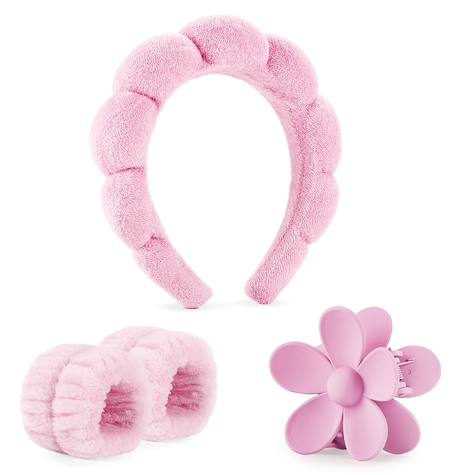 JYOUX 4PCS Fluffy Spa Headbands, Face Band with Wrist, Floral Hairpin for Skin Care Headband and Wristband+Pink