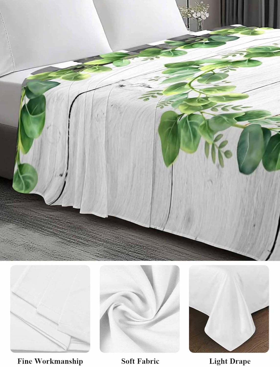 Top Sheet Full Bedding Flat Sheet Only, Farmhouse Green Leaf Wreath Microfiber Bed Sheets Soft Breathable Bedding Flat Sheets, Country Leaves Wood Plank Plaid Hotel Luxury Top Sheets