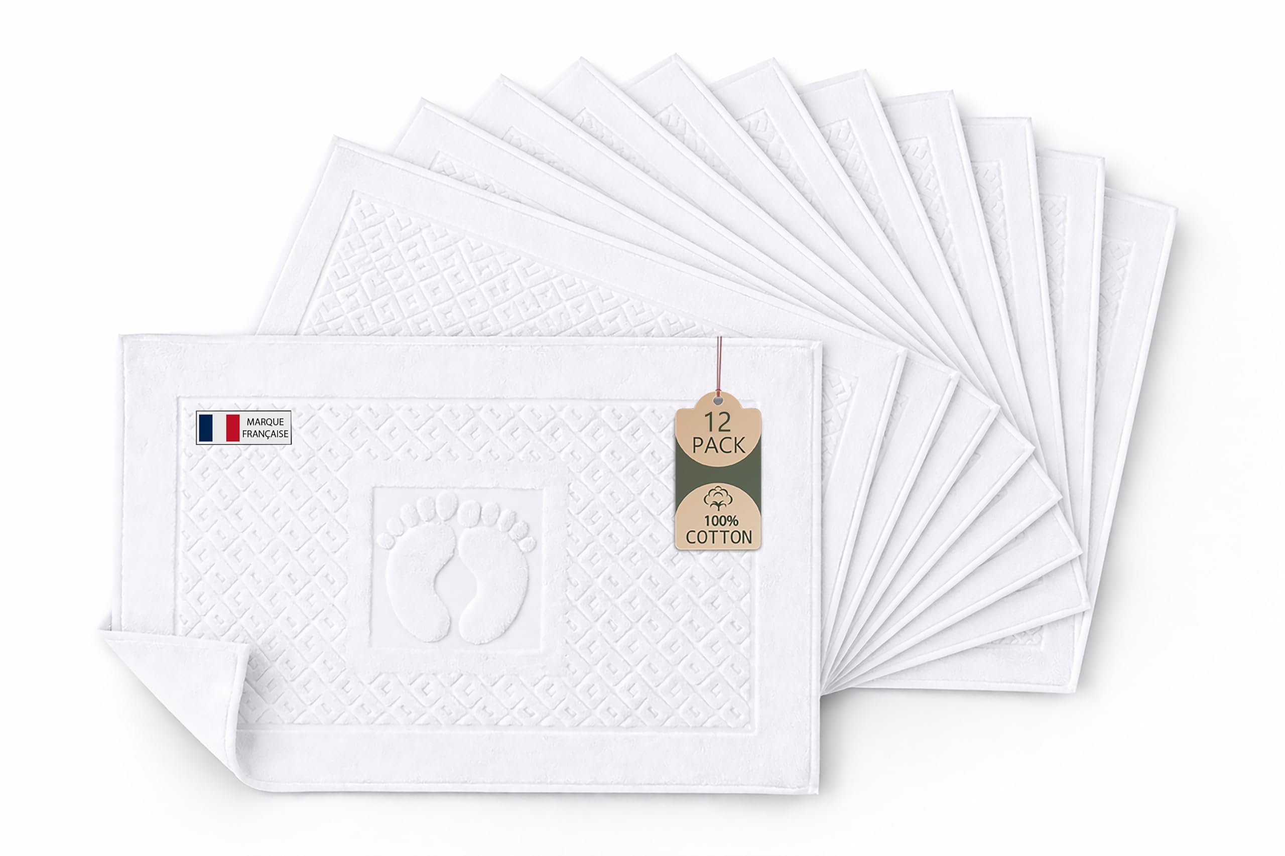 Caramont 12er Set Badvorleger/Badematten 50x70 cm – 100% Baumwolle, Weich und Saugfähig, Schnelltrocknend, Hotelqualität – Weiß – für Badezimmer, Zuhause, Hotel und Spa