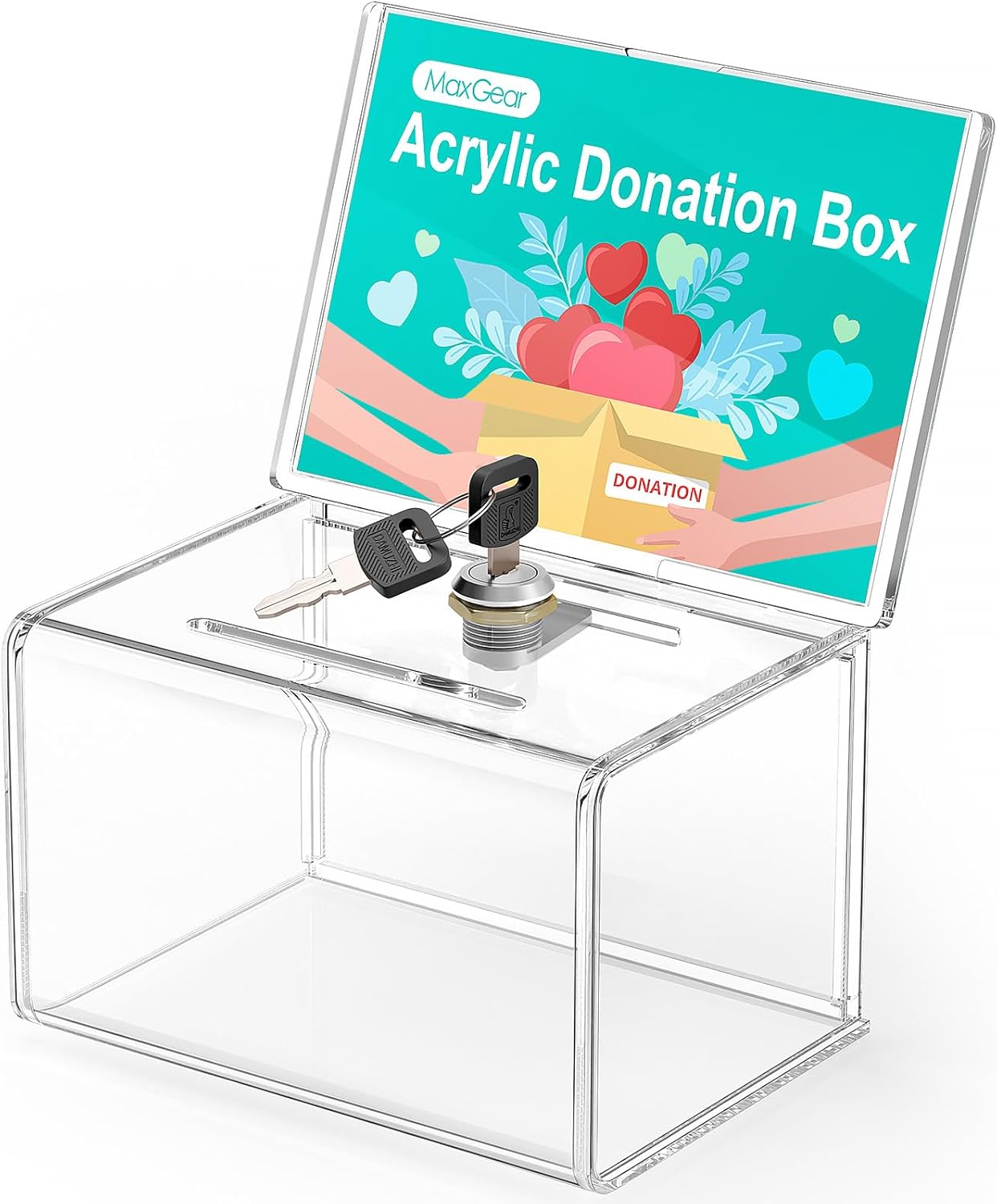 MaxGear Acrylic Donation Box with Lock and Sign Holder, Clear Ballot Box Donation Boxes for Fundraising (6.2" x 4.5" x 4") with Lock - Clear 1