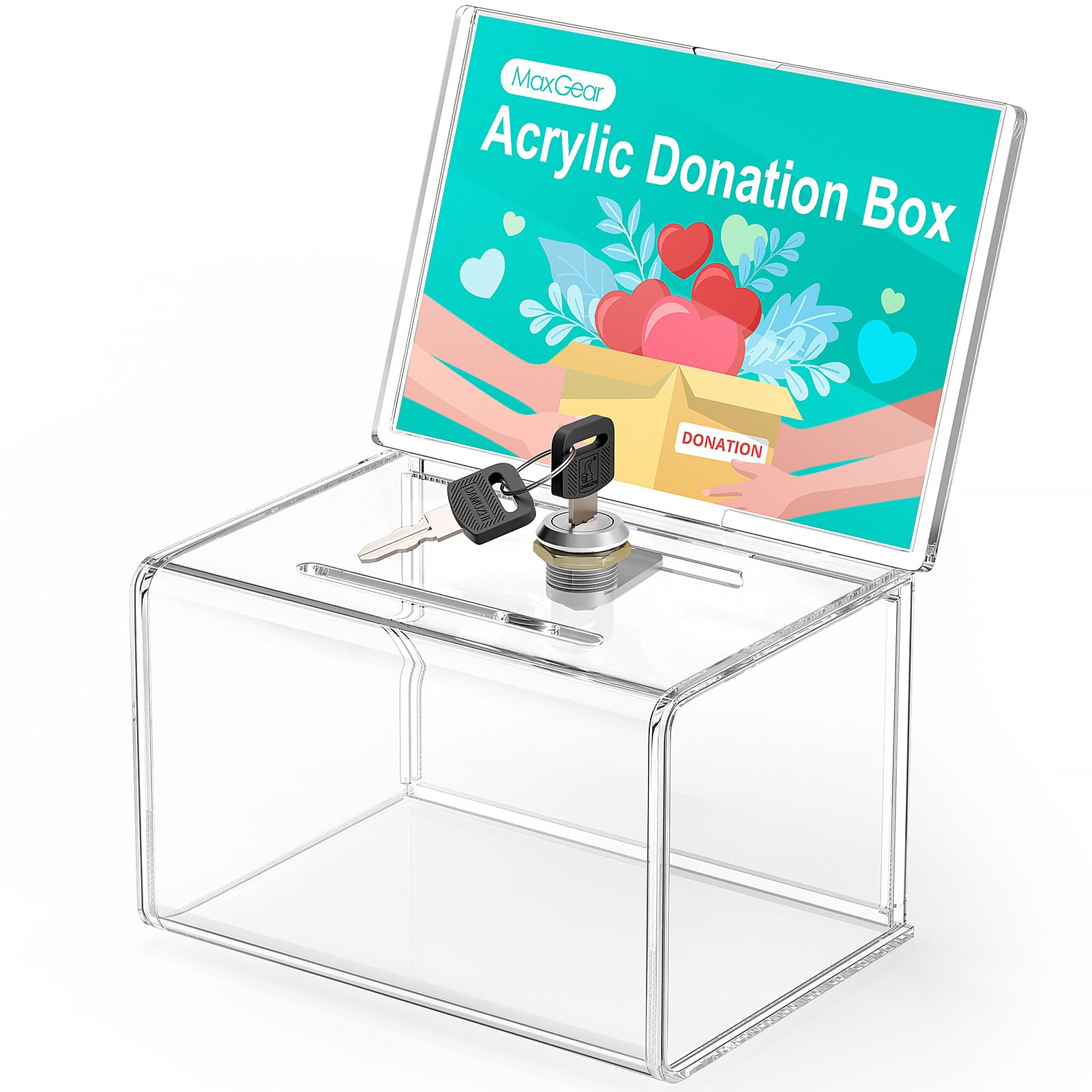MaxGear Acrylic Donation Box with Lock and Sign Holder, Clear Ballot Box Donation Boxes for Fundraising (6.2" x 4.5" x 4") with Lock - Clear