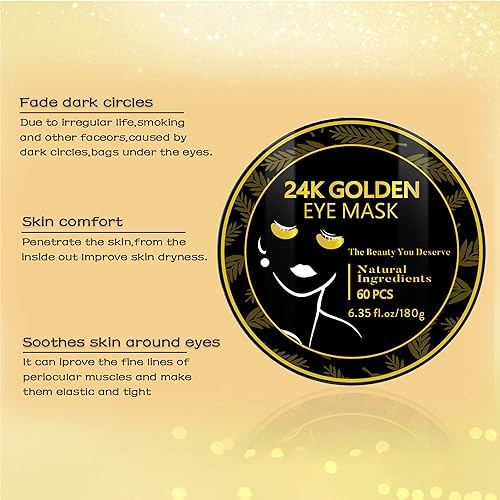 Miniatura 7 de Parches antienvejecimiento para debajo de los ojos, máscara de ojos de oro de 24 quilates, reduce la hinchazón y las ojeras, nutre la piel, suaviza