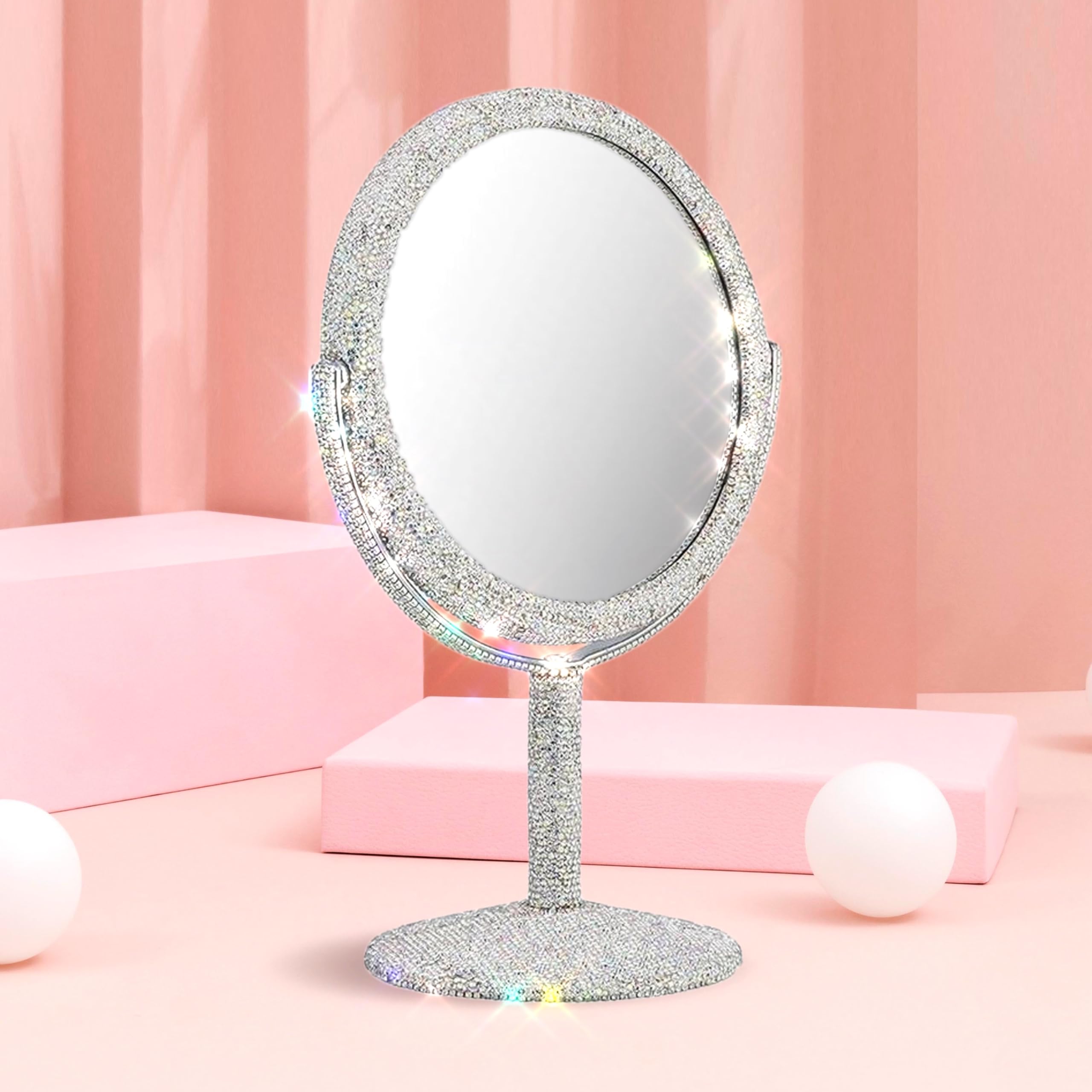 TISHAA Bling Makeup Vanity Mirror - Luxury Stand Double-Sided Regular Glass Mirror, Crystal Rhinestone Diamond Glitter, Portable for Desk, Bathroom,