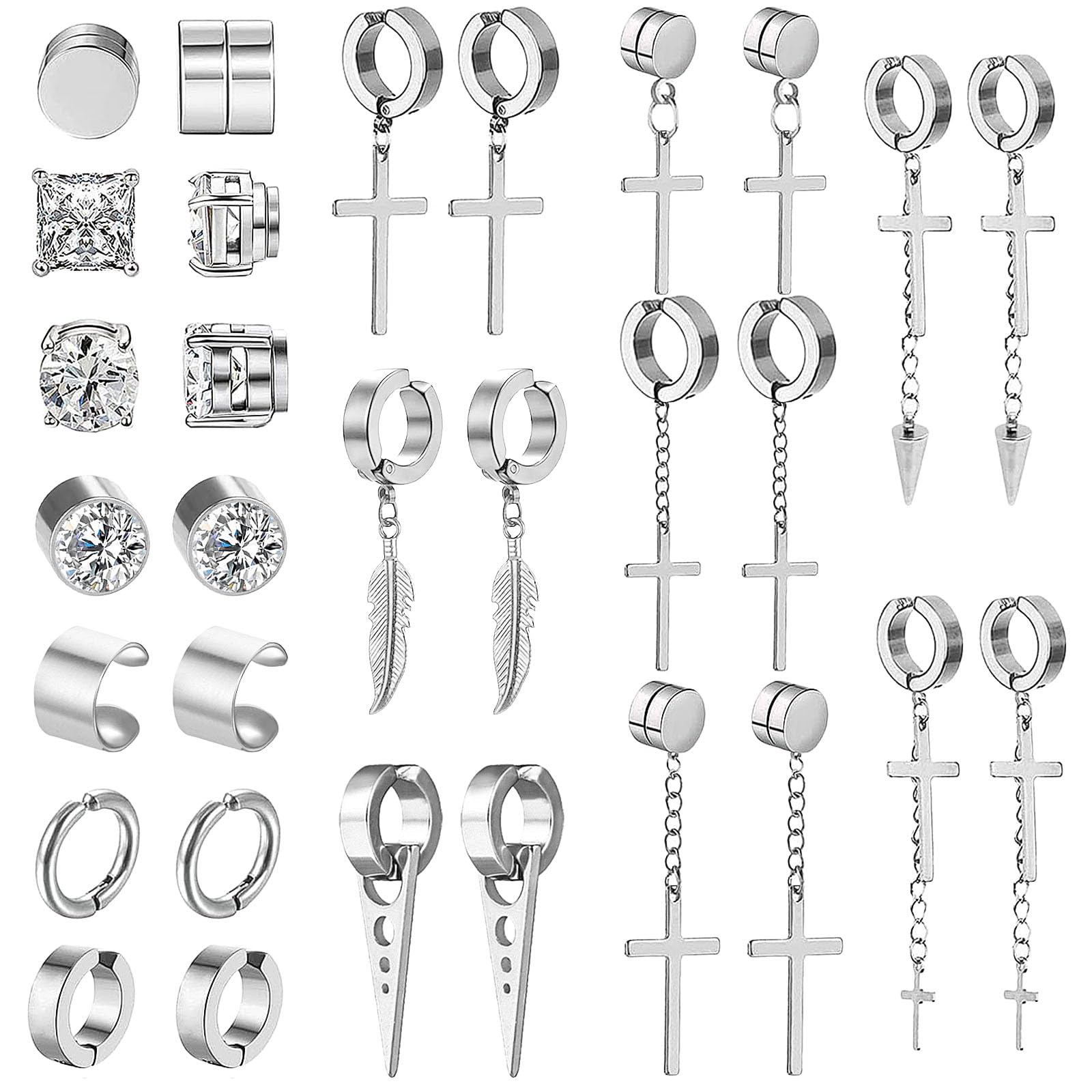 NEWITIN 15 Pairs Magnetic Stud Earrings for Men Clip on Earrings Stainless Steel Magnet Earring Unisex Dangle Cross CZ Hoop Magnetic Stud Earring Set