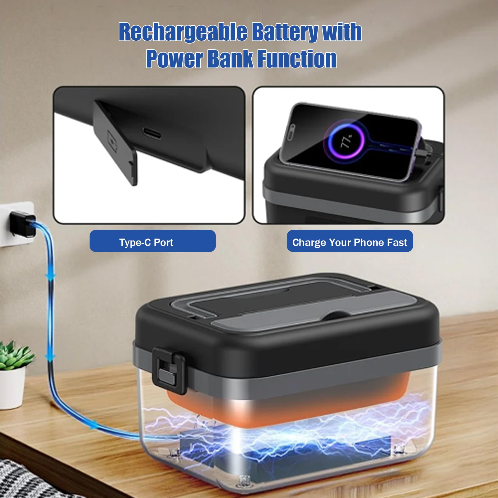 Calentador De Comida Portatil Electrico, Fiambrera Acero Inoxidable Electrica 1,2l Con Bolsas Aislamiento Y Cubiertos Fiambreras Comida Trabajo Para Comida Para Coche, Camión, Oficina (Negro gris)