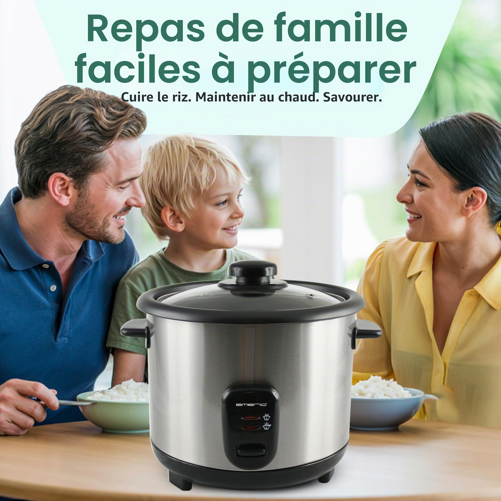EMERIO cuiseur à riz automatique avec volume de 1,5 L, fonction de maintien au chaud arrêt automatique revêtement antiadhésif couvercle en verre avec cuillère à riz + tasse à mesurer, RCE-110118.5